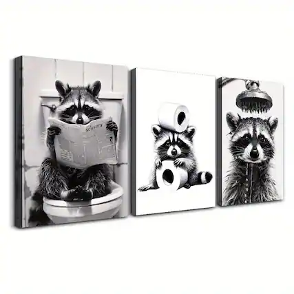 Front. blue - 3pcs Waterproof Canvas Poster - Wooden Framed Black and White Raccoon Under Shower Art - Bedroom Office Living Room Caf - Color:12*8inch(30*20cm).