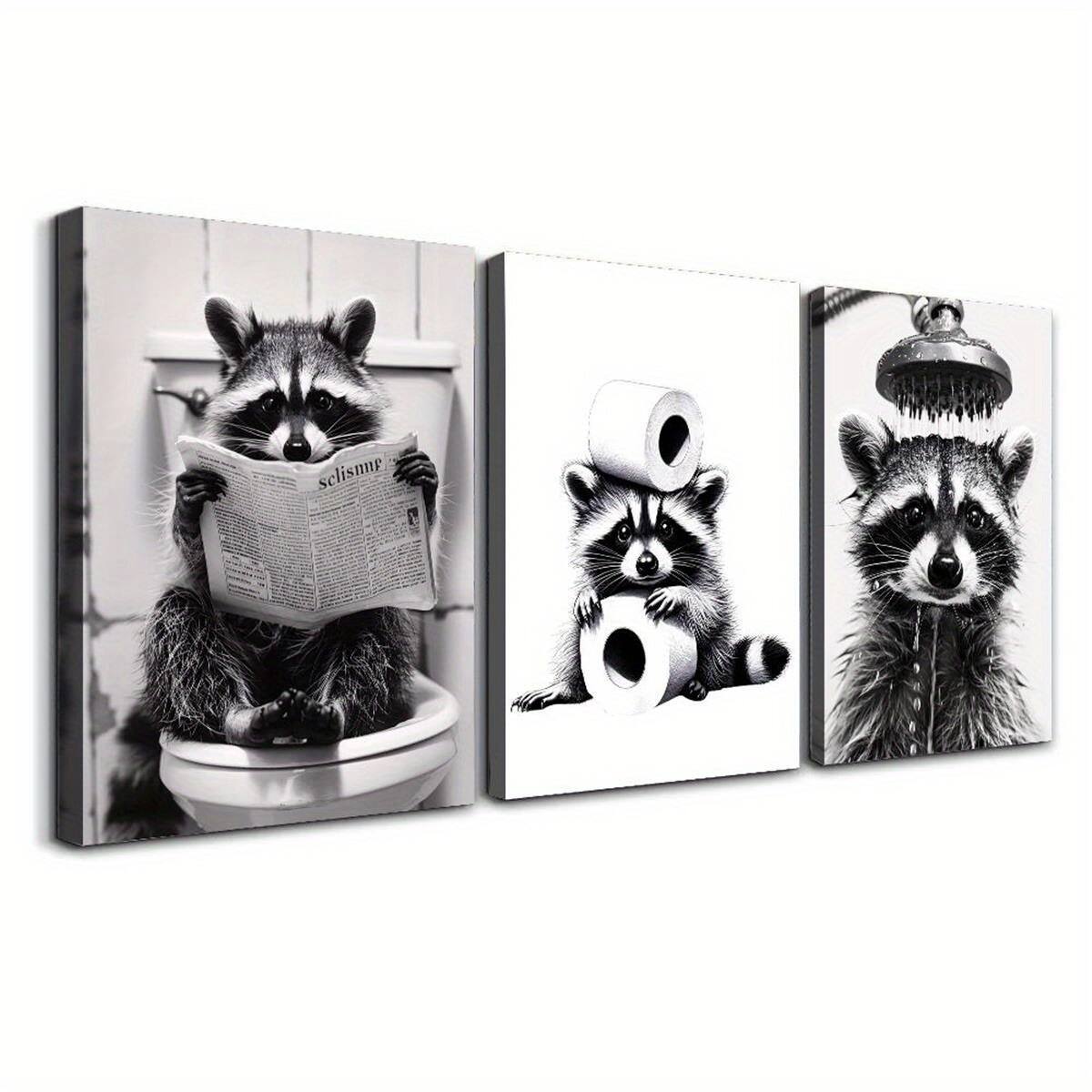 Front. blue - 3pcs Waterproof Canvas Poster - Wooden Framed Black and White Raccoon Under Shower Art - Bedroom Office Living Room Caf - Color:12*8inch(30*20cm).