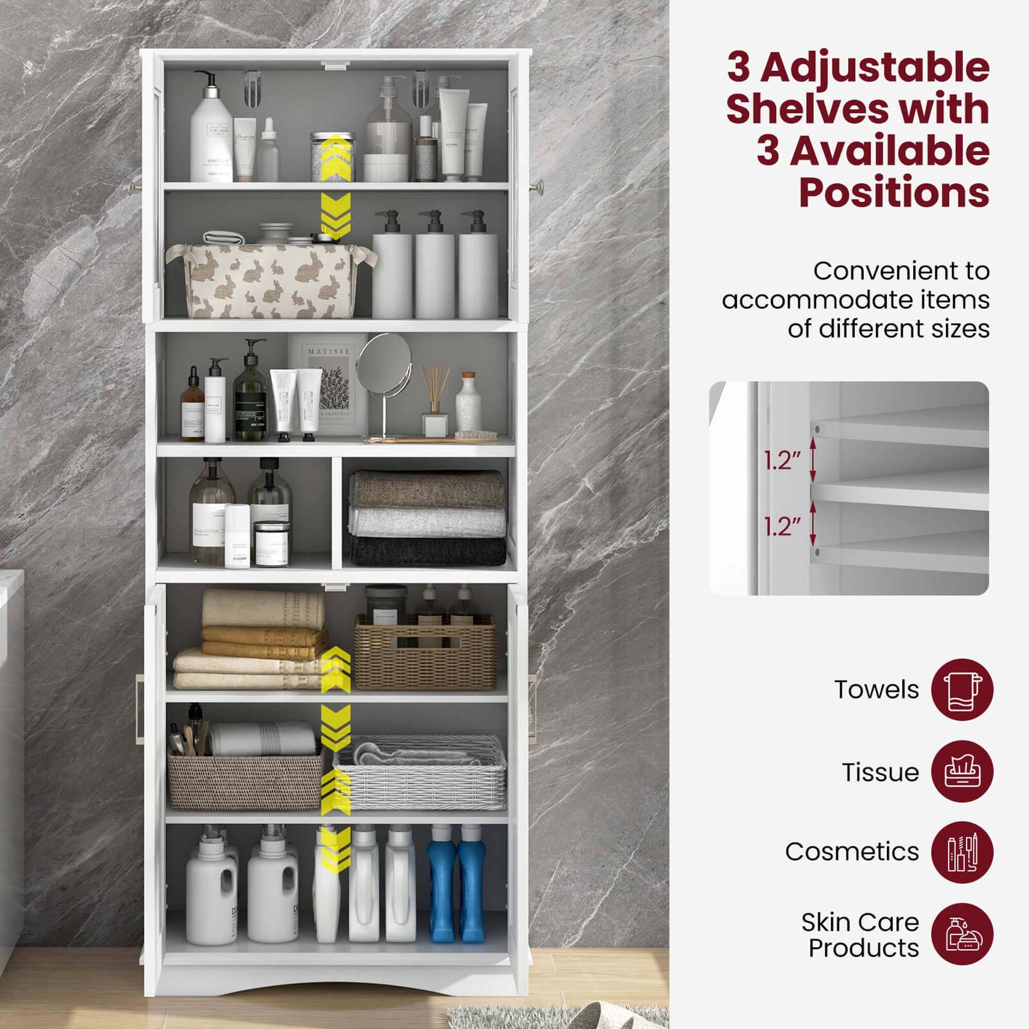 The text on the image reads: "3 Adjustable Shelves with 3 Available Positions MATISSR Convenient to accommodate items of different sizes 1.2" 1.2" Towels Tissue Cosmetics Skin Care Products."