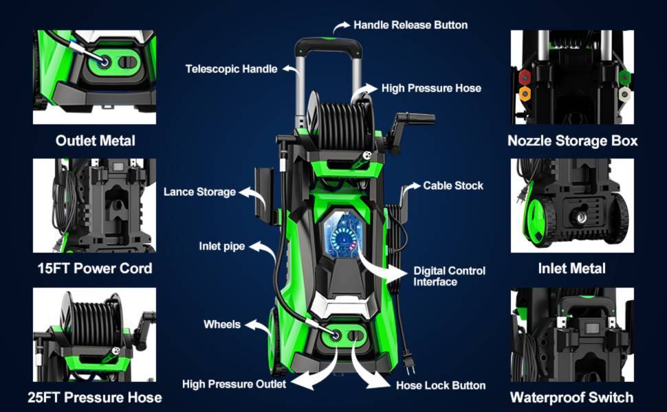- Handle Release Button
- Telescopic Handle
- High Pressure Hose
- Outlet Metal
- Nozzle Storage Box
- Lance Storage
- Cable Stock
- 15FT Power Cord
- Inlet Metal
- Digital Control Interface
- Wheels
- 25FT Pressure Hose
- High Pressure Outlet
- Hose Lock Button
- Waterproof Switch