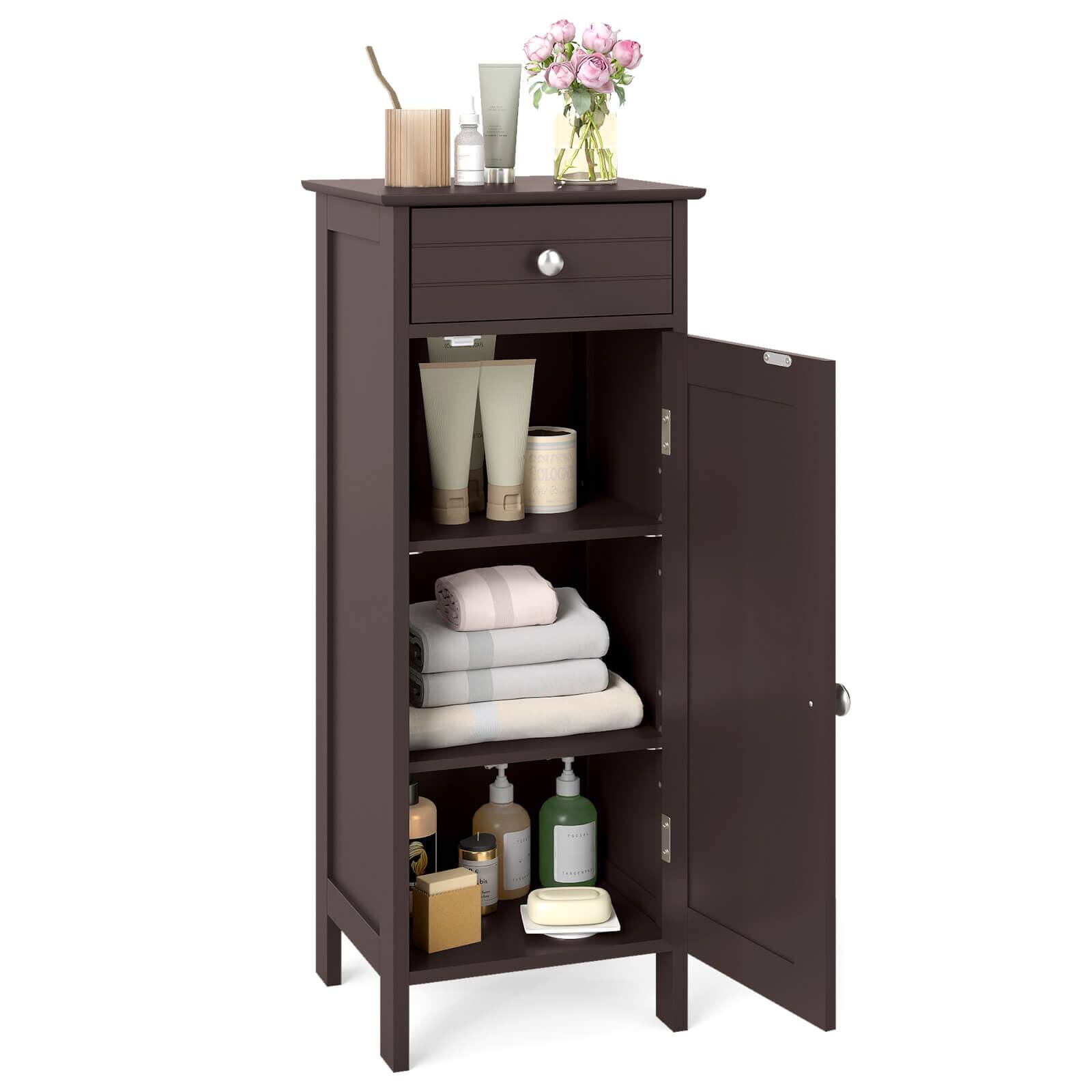 Costway - Bathroom Storage Floor Cabinet Organizer Free-Standing w/ Drawer - Brown