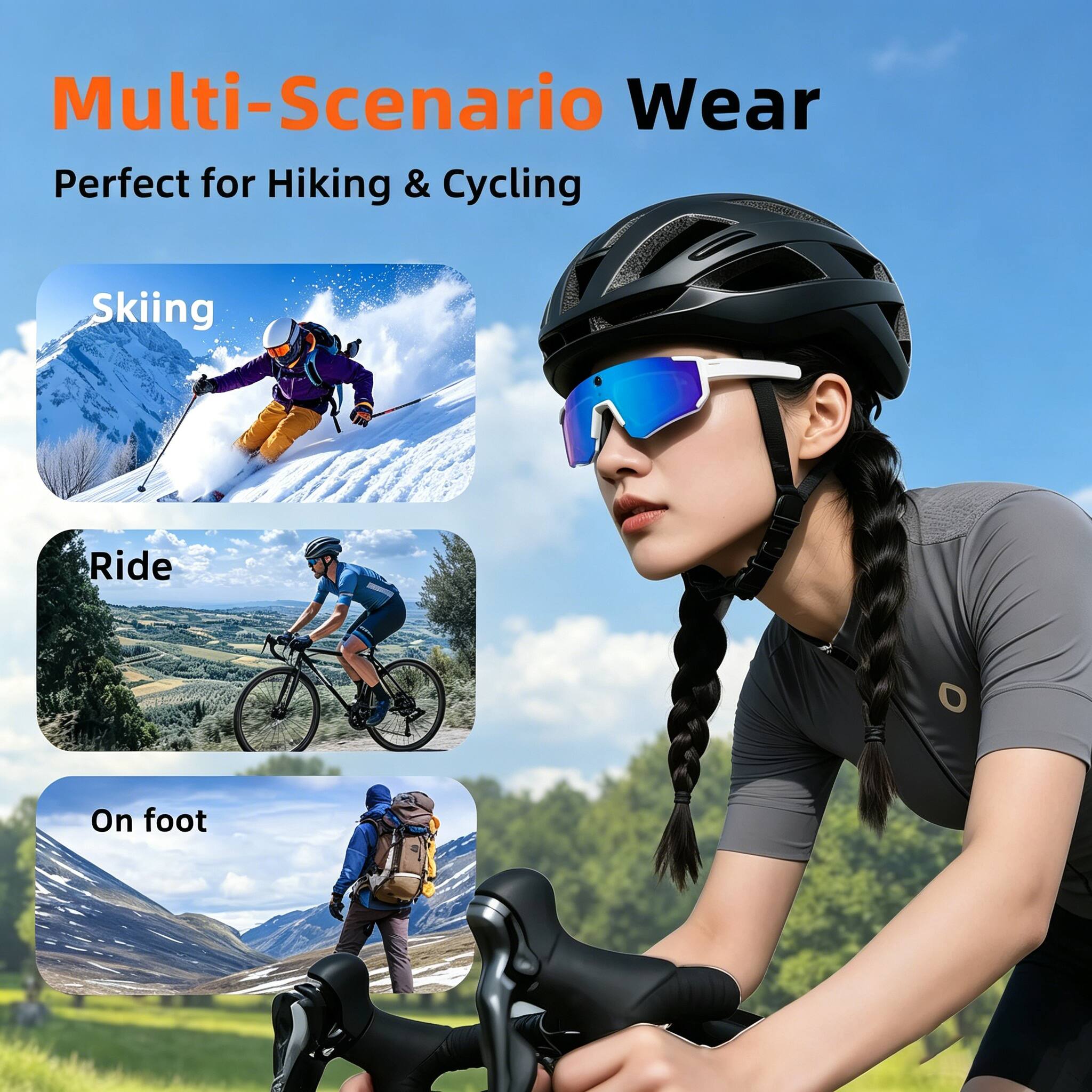 Multi-Scenario Wear  
Perfect for Hiking & Cycling  
Skiing  
Ride  
On foot
