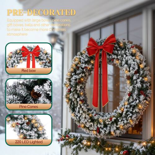 PRE-DECORATED  
Equipped with large bows, pine cones, gift boxes, balls and other decorations to make it become more Christmas atmosphere  

Red bow  
Pine Cones  
220 LED Lighted
