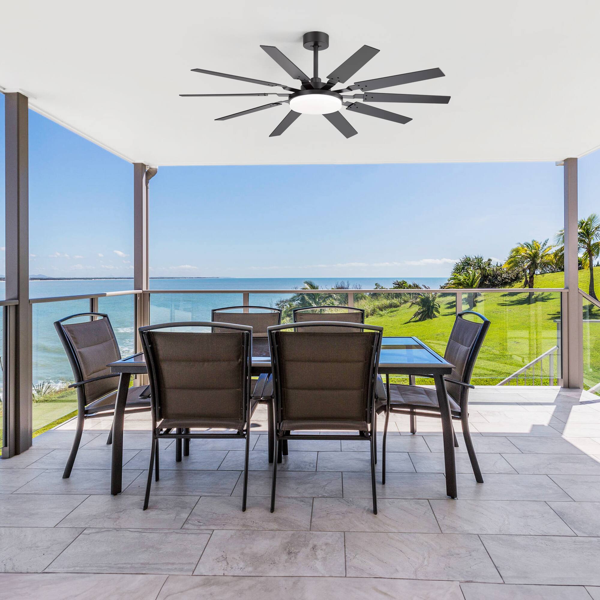 Alt View 1. Breezary - 60-In Indoor Ceiling Fan with 10 Plywood Blades, DC Motor, 3-Color LED Light, Remote & 5"/10" Downrods, Timer - Matte Black.