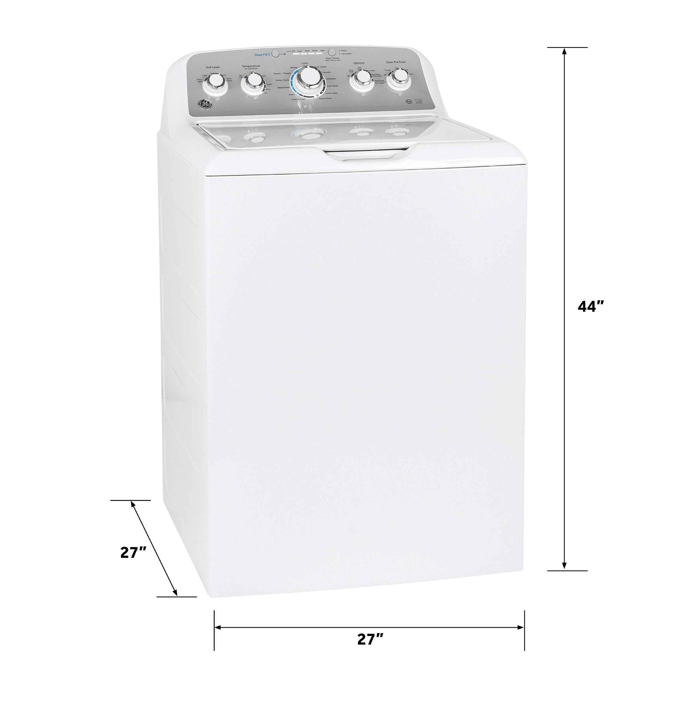 The text on the image reads "44" 27" 27". This indicates that the washing machine is 44 inches tall, 27 inches wide, and 27 inches deep.