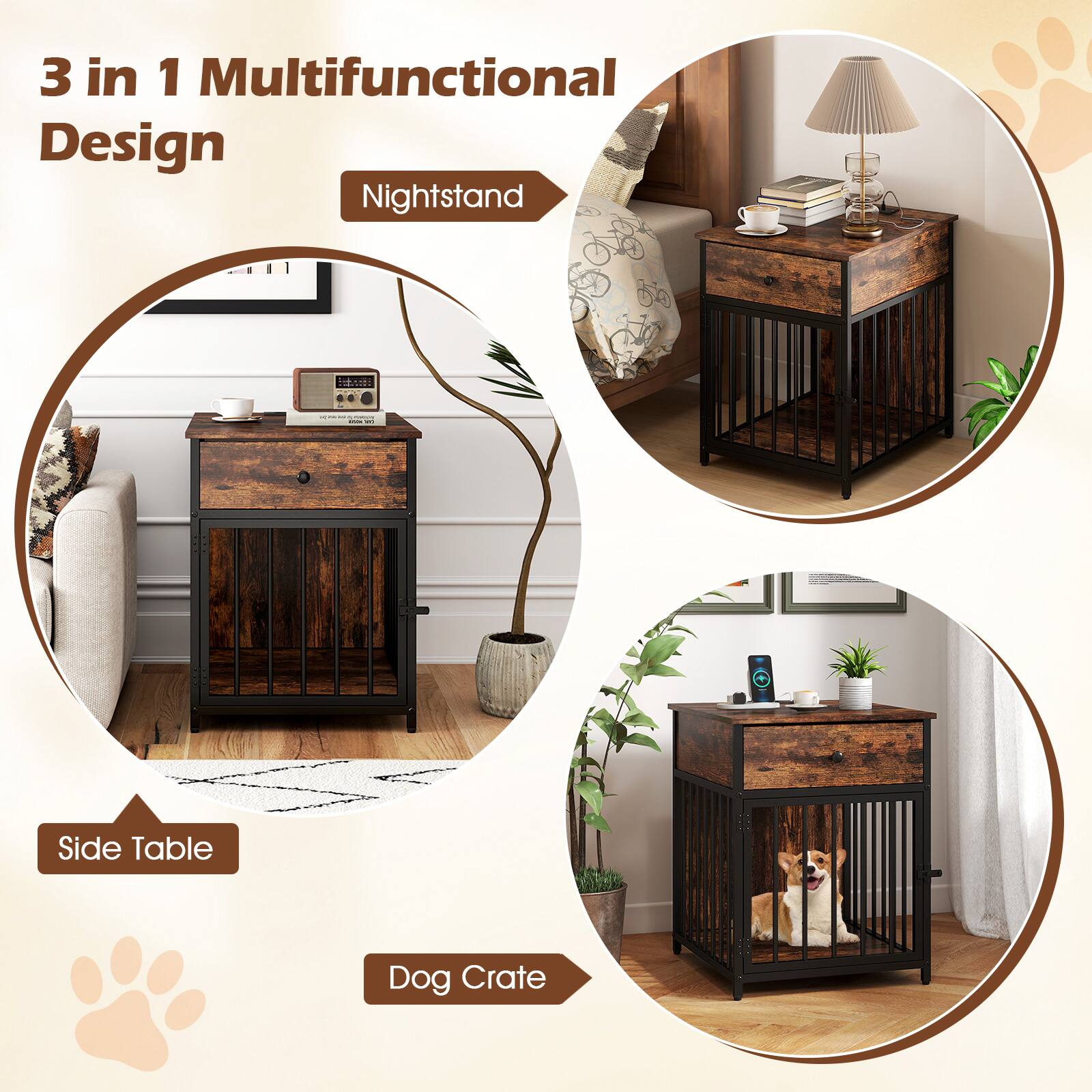 3 in 1 Multifunctional Design

Nightstand

Side Table

Dog Crate