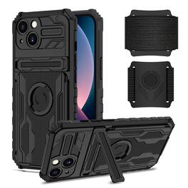Reiko - High Elastic Plastic Iphone 13 Case With Kickstand, Sports Mobile Wristband And Card Slot In - Black