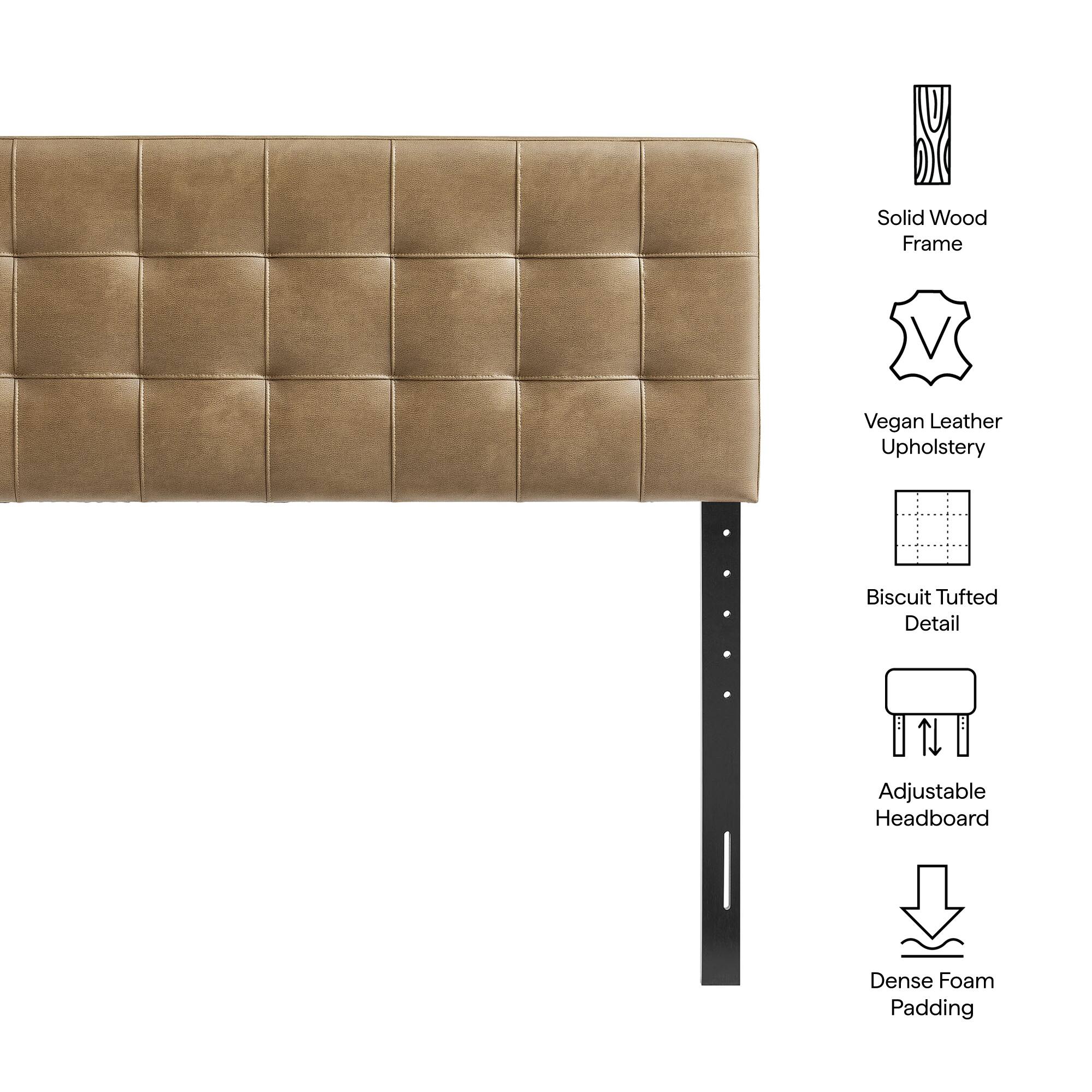 Solid Wood Frame  
Vegan Leather Upholstery  
Biscuit Tufted Detail  
Adjustable Headboard  
Dense Foam Padding