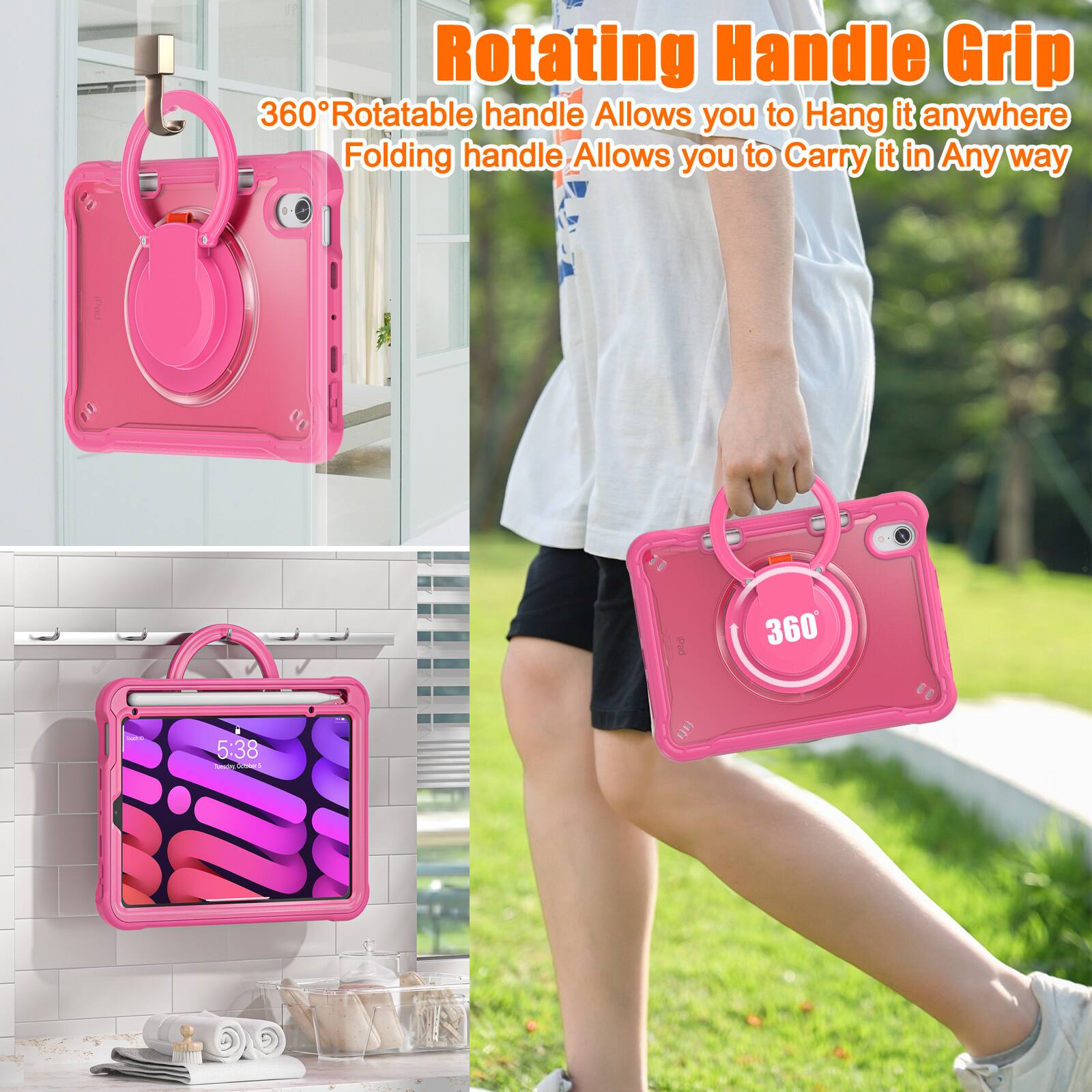 Rotating Handle Grip  
360° Rotatable handle Allows you to Hang it anywhere  
Folding handle Allows you to Carry it in Any way