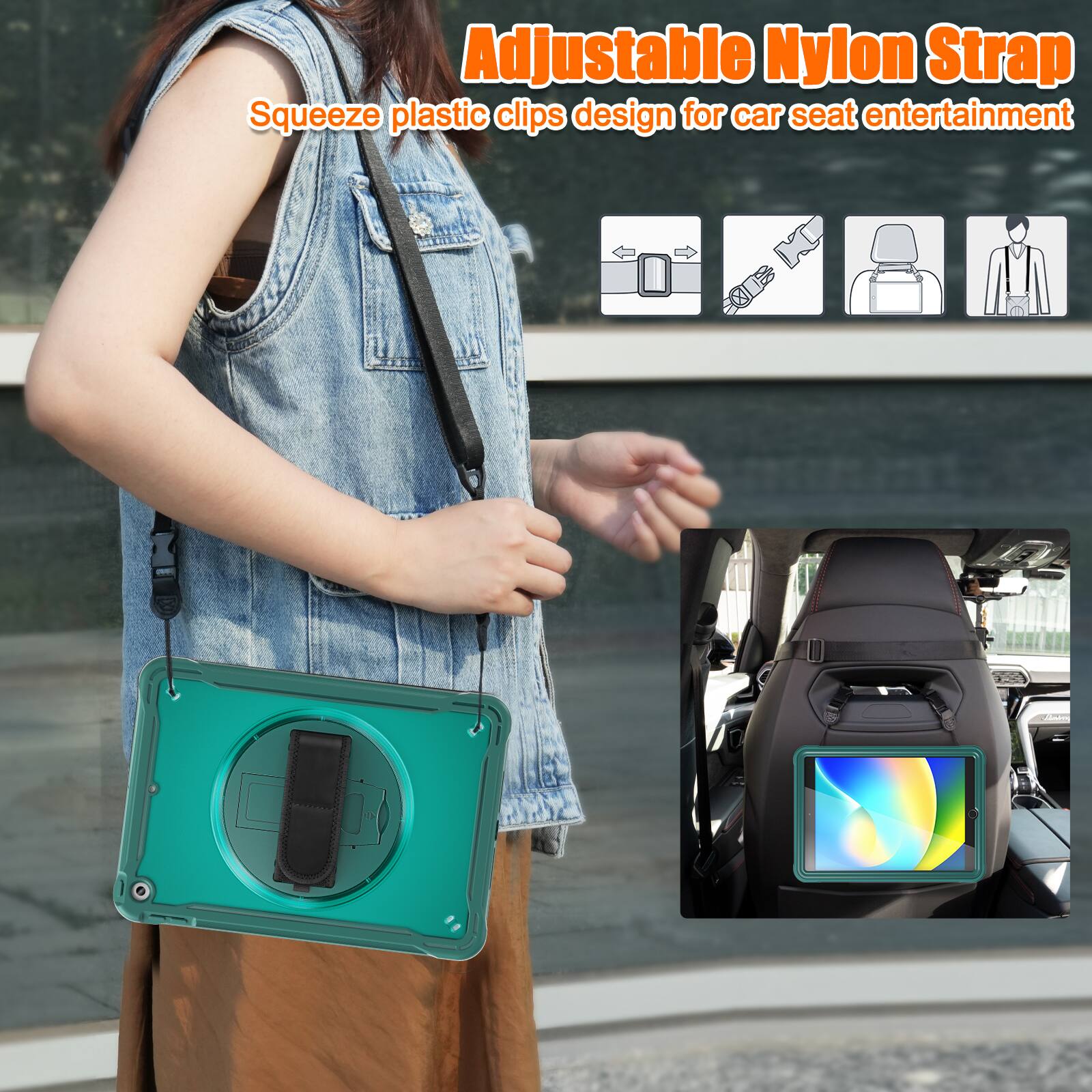Adjustable Nylon Strap  
Squeeze plastic clips design for car seat entertainment