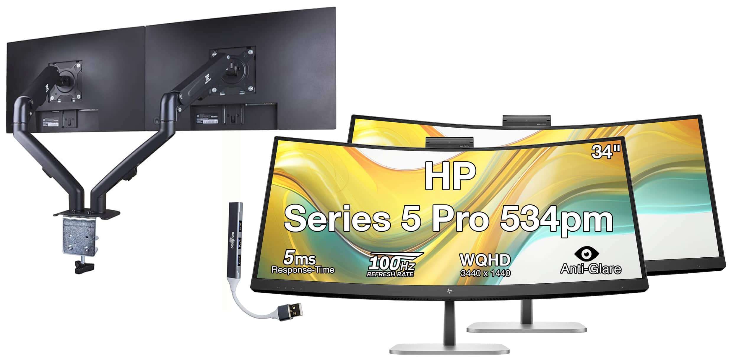 HP - Series 5 Pro 34" WQHD VA Monitor, AntiGlare, Flicker Free, Displayport, HDMI, w/DKZ Hub & ErgoFlexy Single Mount Arm - Black/Silver