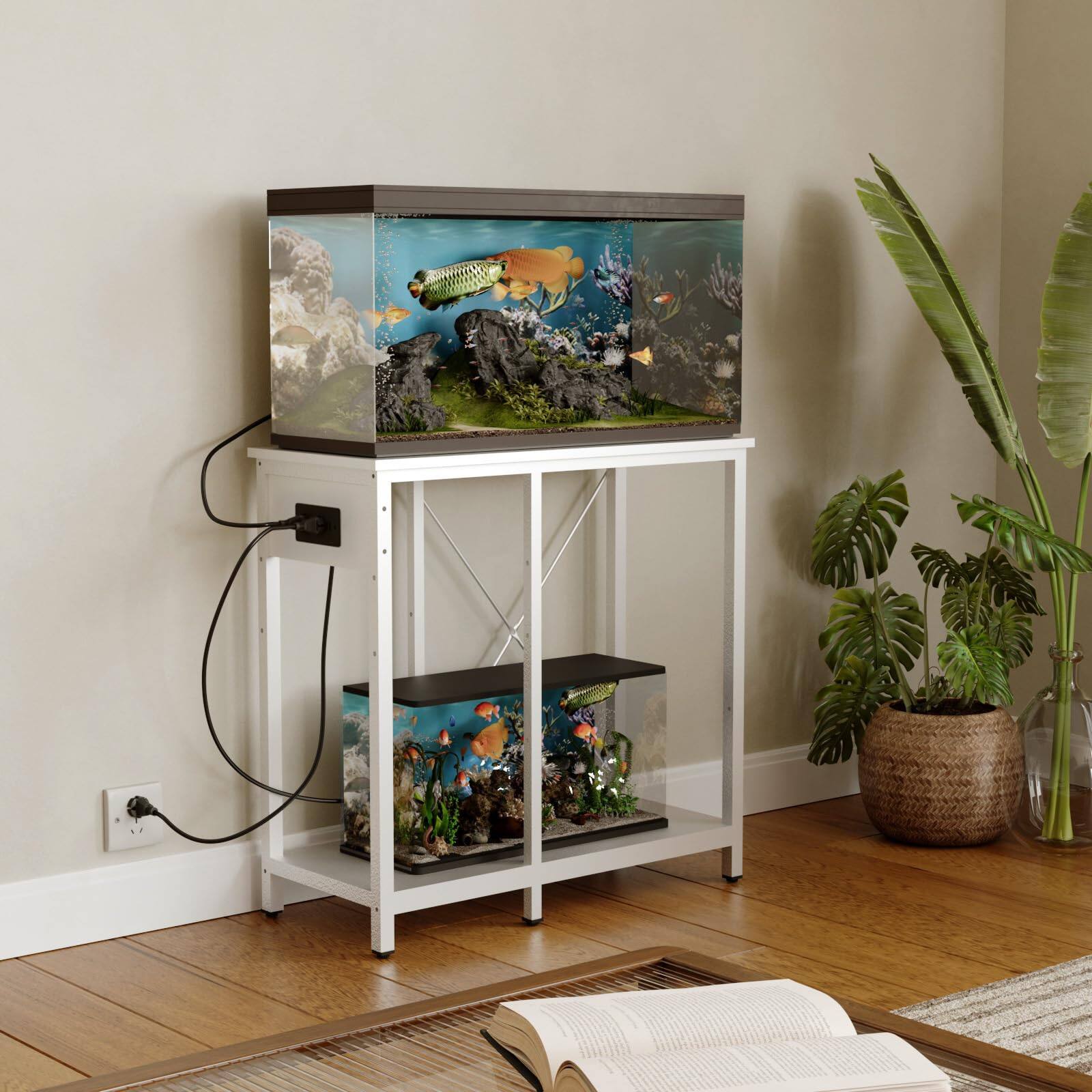 Alt View 2. HOMLUX - 20-29 Gallon Fish Tank Stand with Power Outlet & LED Light Supports Up to 410 lbs Metal Aquarium Stand, White - White.