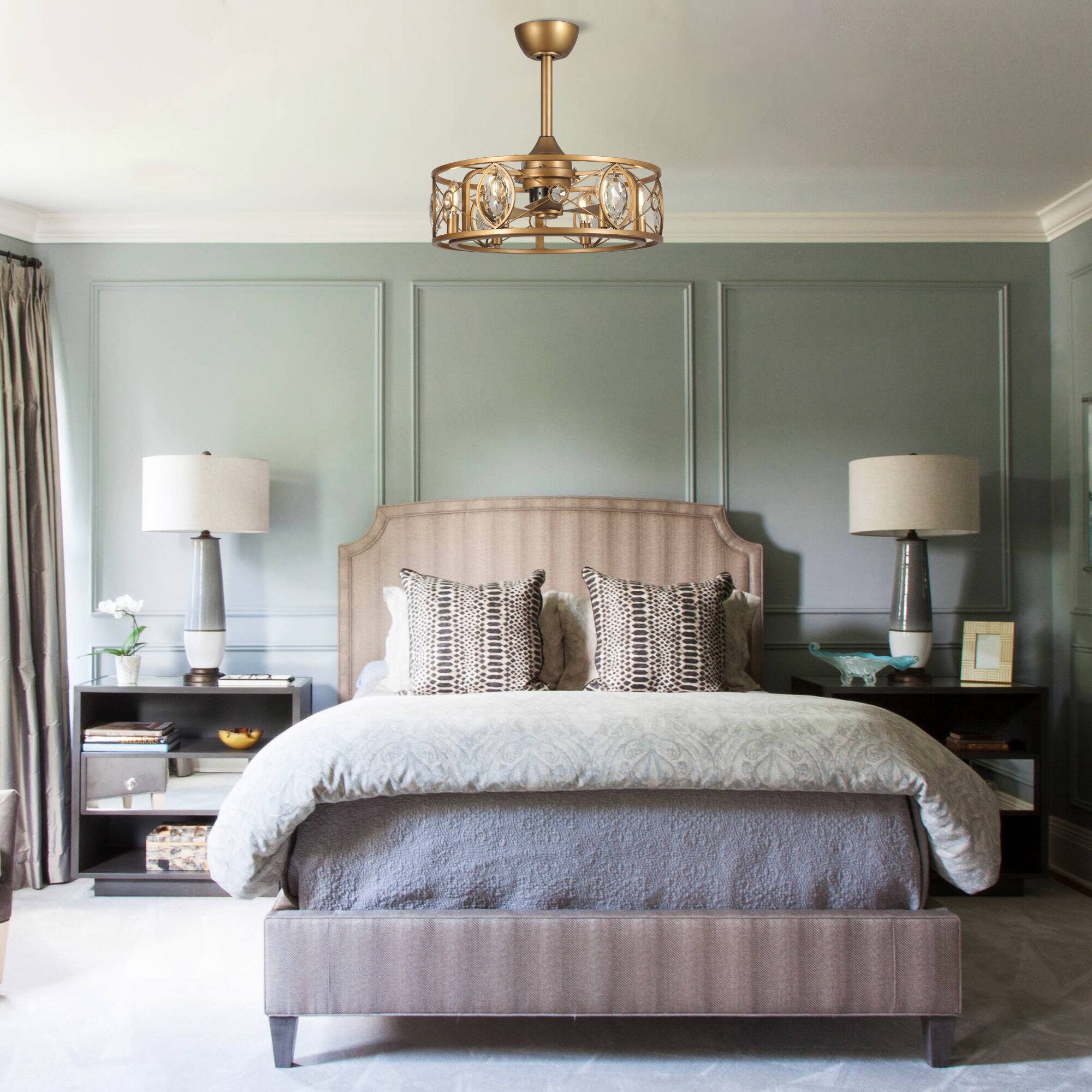 Back. Parrot Uncle - 22" Antique Brass Crystal Caged Ceiling Fan Chandelier with Remote and Light Kit - Brass.