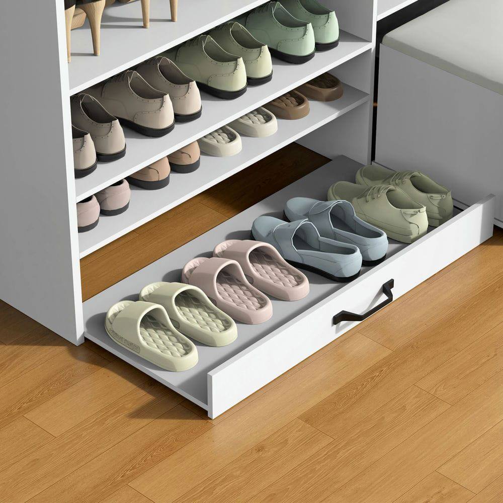 Angle. Kadyn - Multi-Functional Shoe Cabinet with Stool and Adjustable Shelves - White - White.