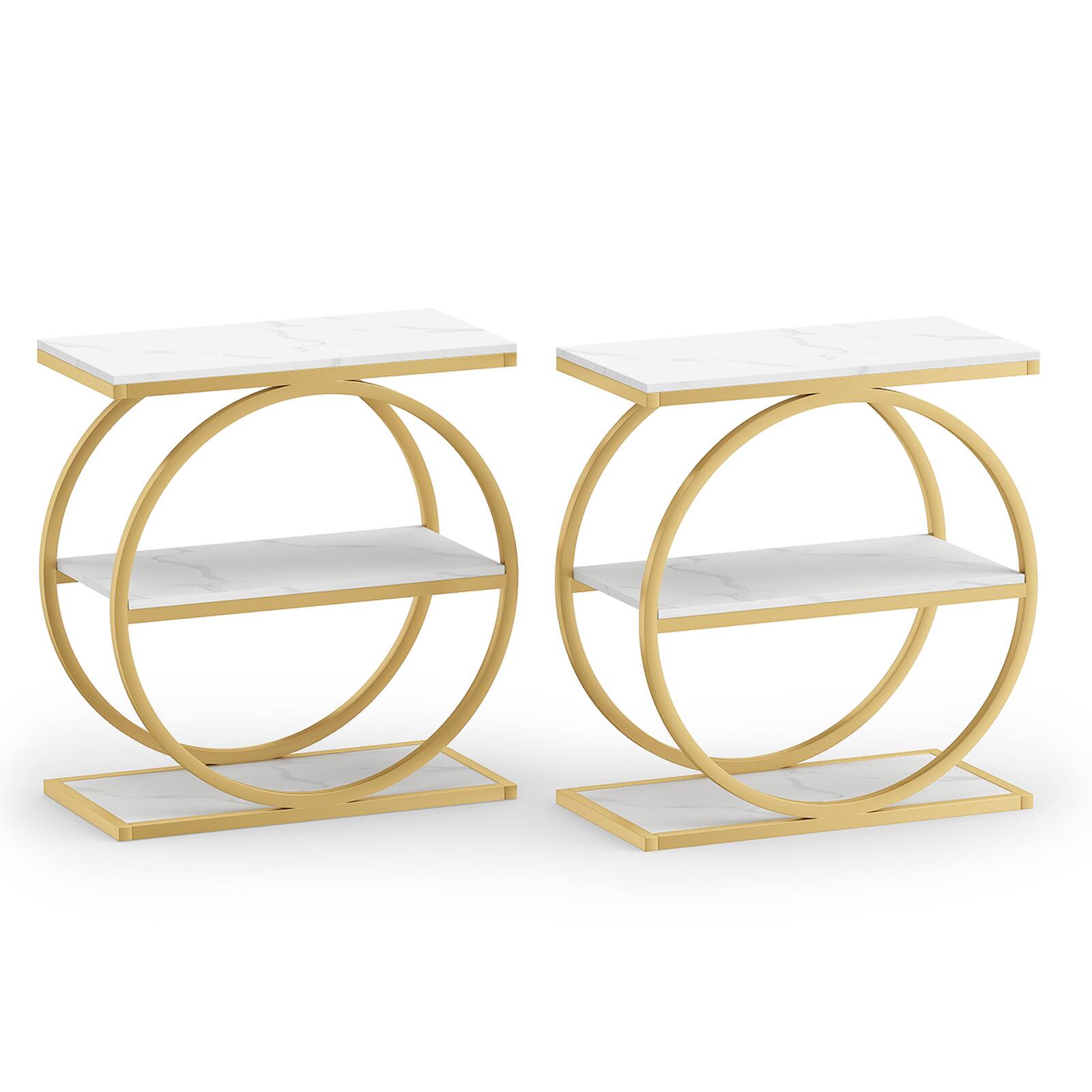 Alt View 9. Gymax - Gymax 2PCS Faux Marble Side Table w/Metal Frame3-Tier Sofa End Table w/ Storage Shelf White - White.