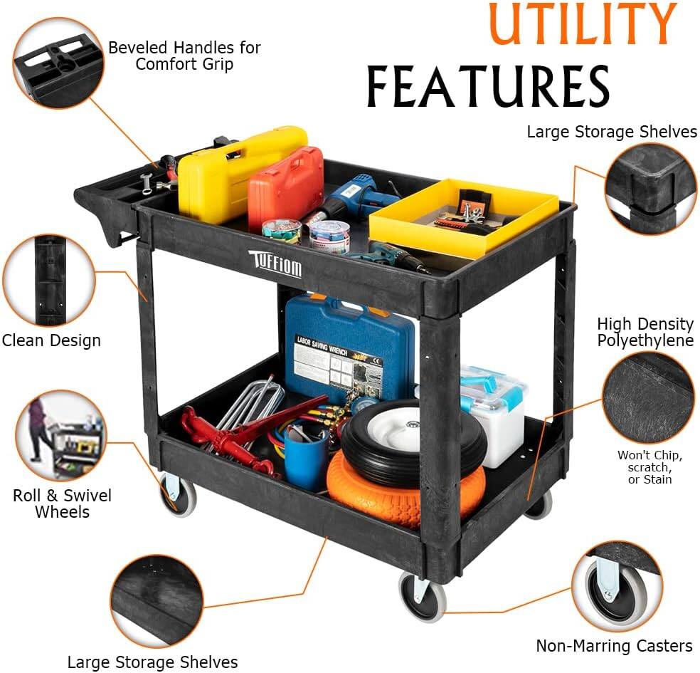 Beveled Handles for Comfort Grip  
UTILITY FEATURES  
Large Storage Shelves  
Clean Design  
High Density Polyethylene  
Roll & Swivel Wheels  
Won't Chip, Scratch, or Stain  
Large Storage Shelves  
Non-Marring Casters