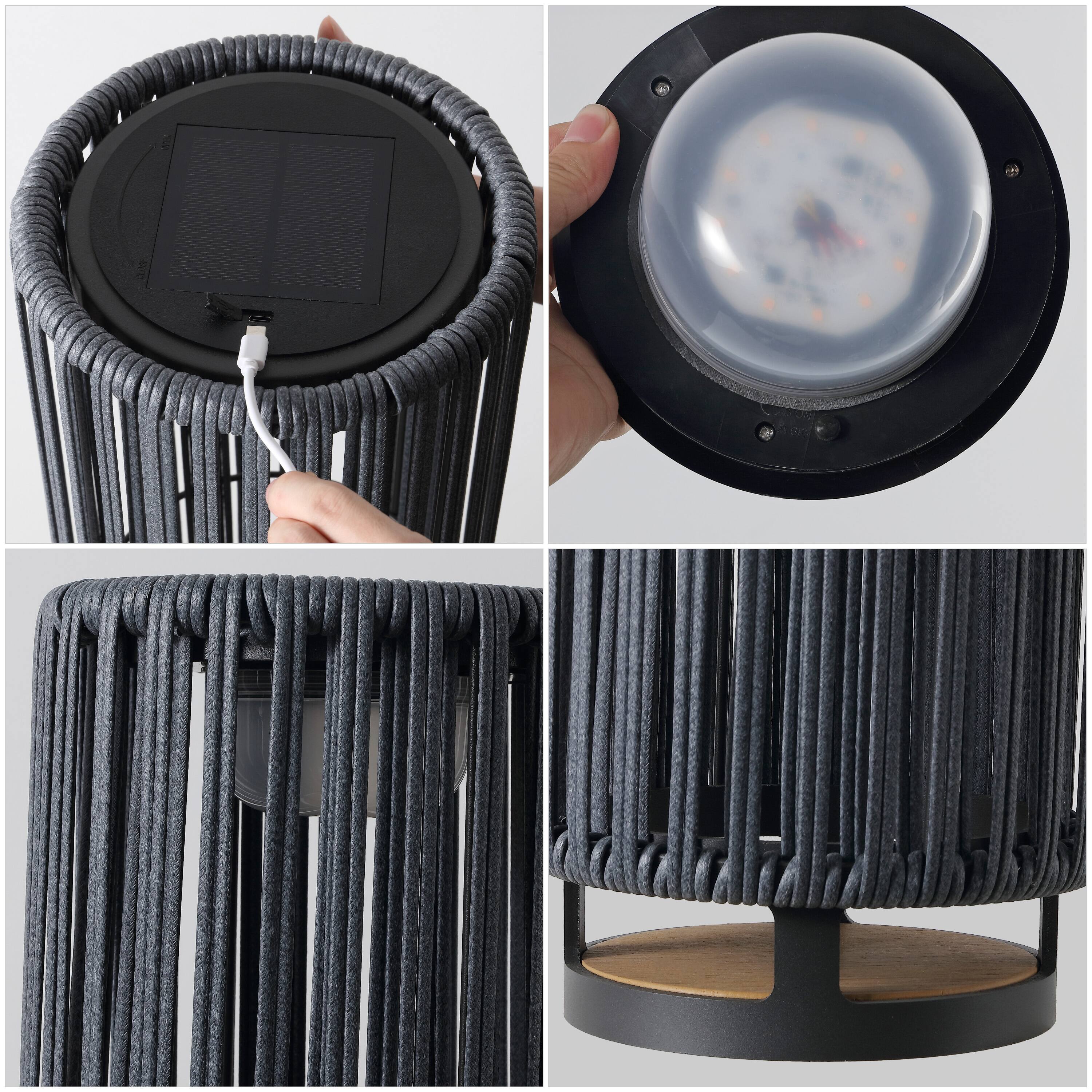 Alt View 5. Jonathan Y - Sawara 26.75" Modern Minimalist Faux Rattan Integrated Indoor/Outdoor LED Solar Powered Lantern, Charcoal/Black - Black/Gray.