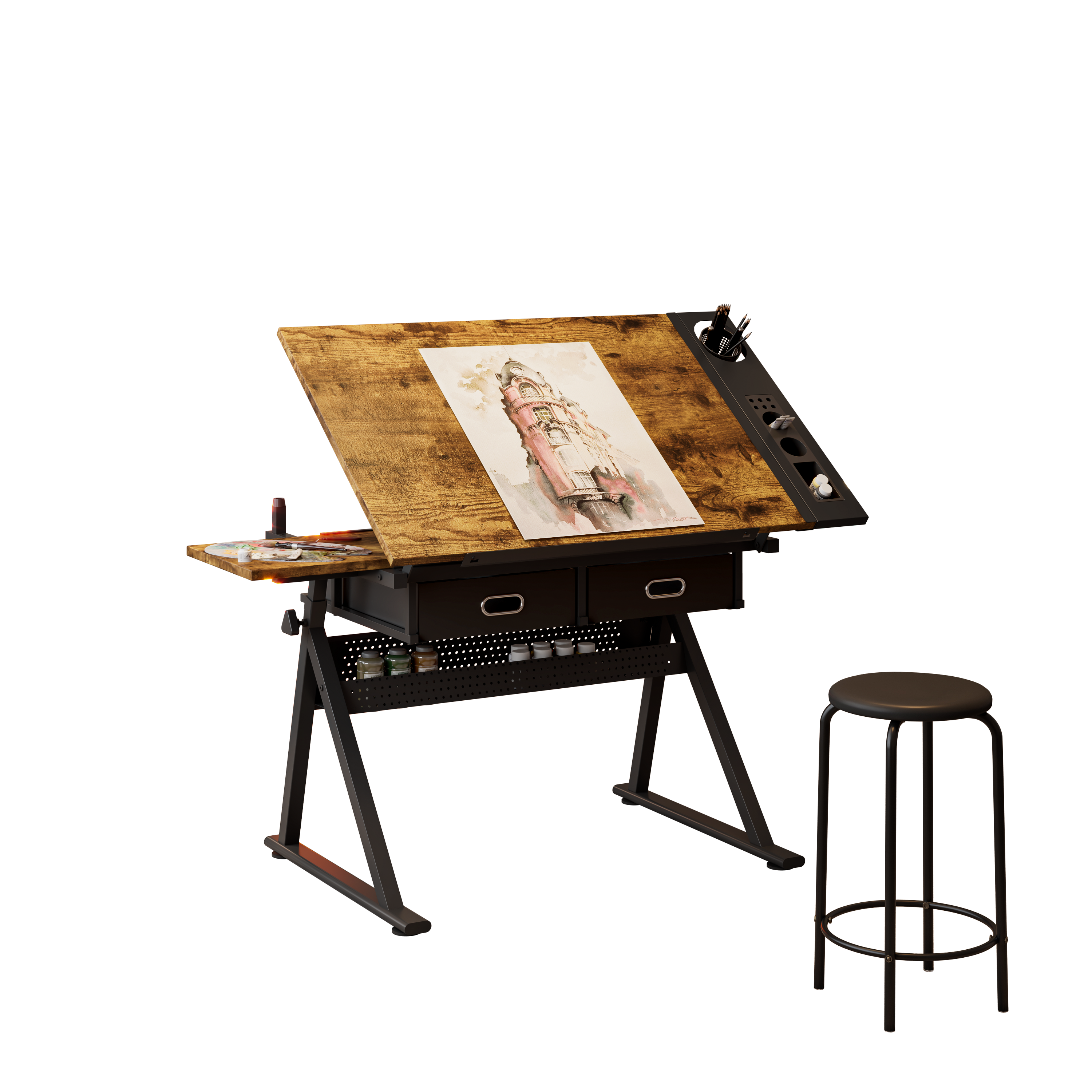Bestier - Adjustable Drafting Table Art Desk with Tilting Tabletop, Storage Drawers & Stool, Drawing Desk for Crafting, Writing - Brown
