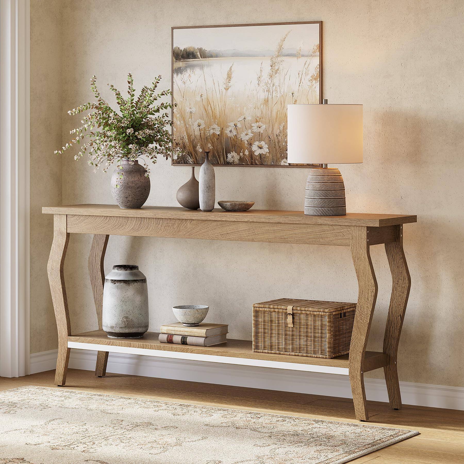 Front. Tribesigns - 70.9-Inch Rustic Console Table with 2-Tier MDF Shelves and Metal Frame for Entryway or Behind Sofa - Light Oak.