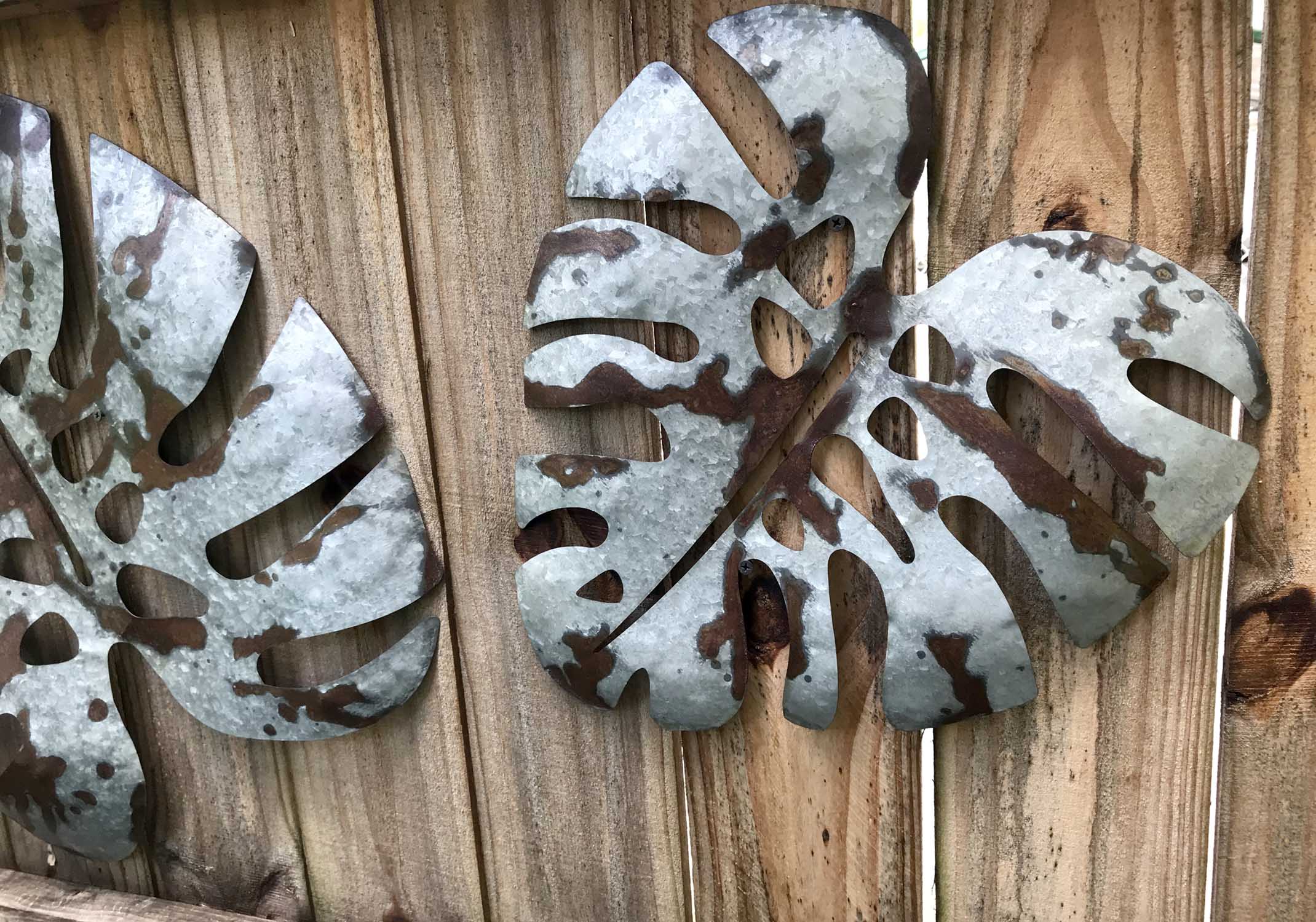 Alt View 5. Zeckos - Set of 2 Galvanized Zinc Finish Metal Monstera Leaf Sculptures Wall Hangings - Grey.