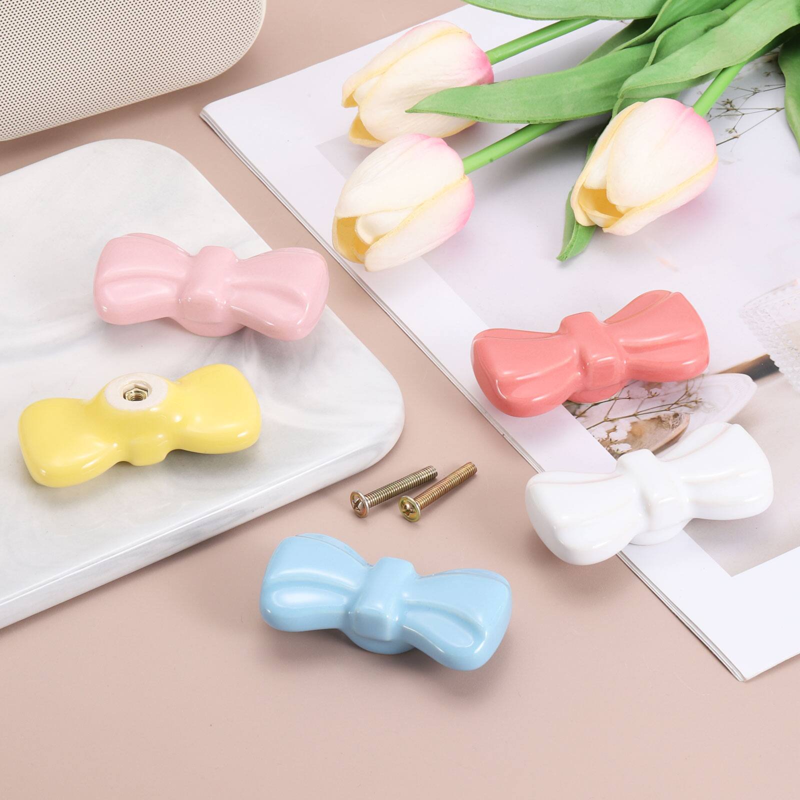 Alt View 3. Unique Bargains - 2pcs Butterfly Ceramic Cabinet Knobs, Decorative Drawer Pulls w/ Screws for Cupboards - Yellow.
