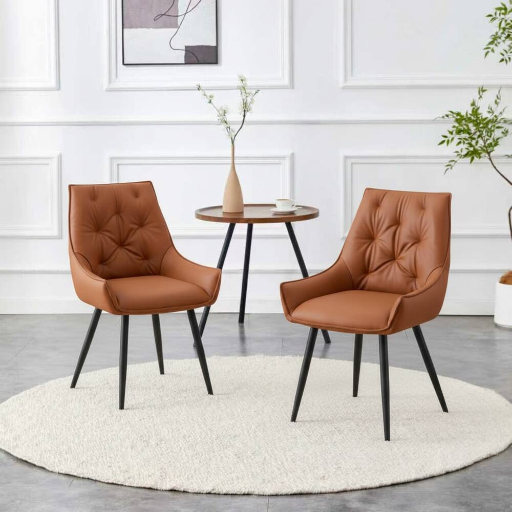 Front. Loheer - Loheer Camel Faux Leather Dining Chairs Set of 2, Metal Kitchen Chairs with Black Sanded Legs, Upholstered Flat Back - Camel.