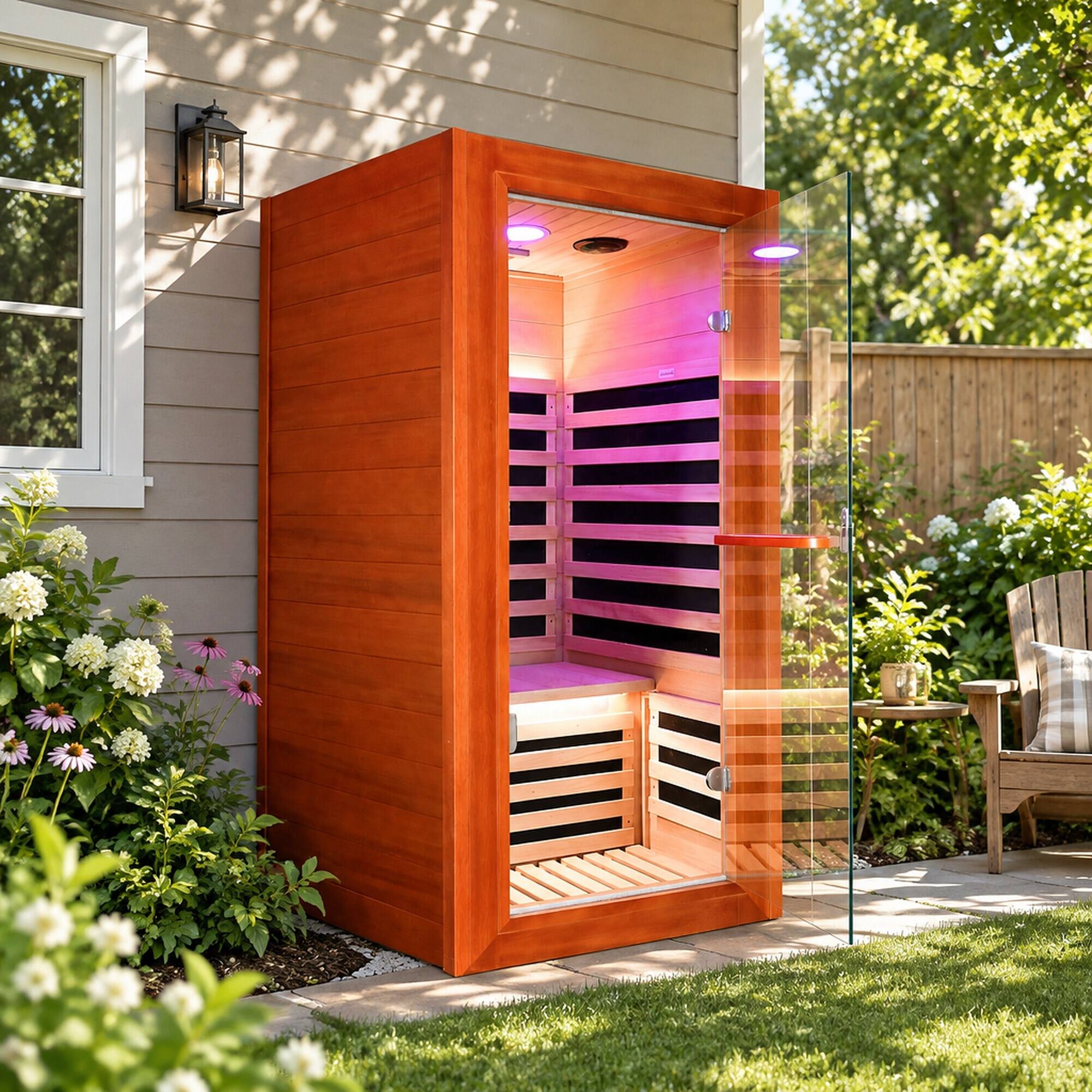 Alt View 2. RYHNUYNE - 1020W Far Infrared Sauna Room, African Oguman Wood, 7 Heating Plates, 110V, 80 cm x 80 cm x 160 cm - Almond.