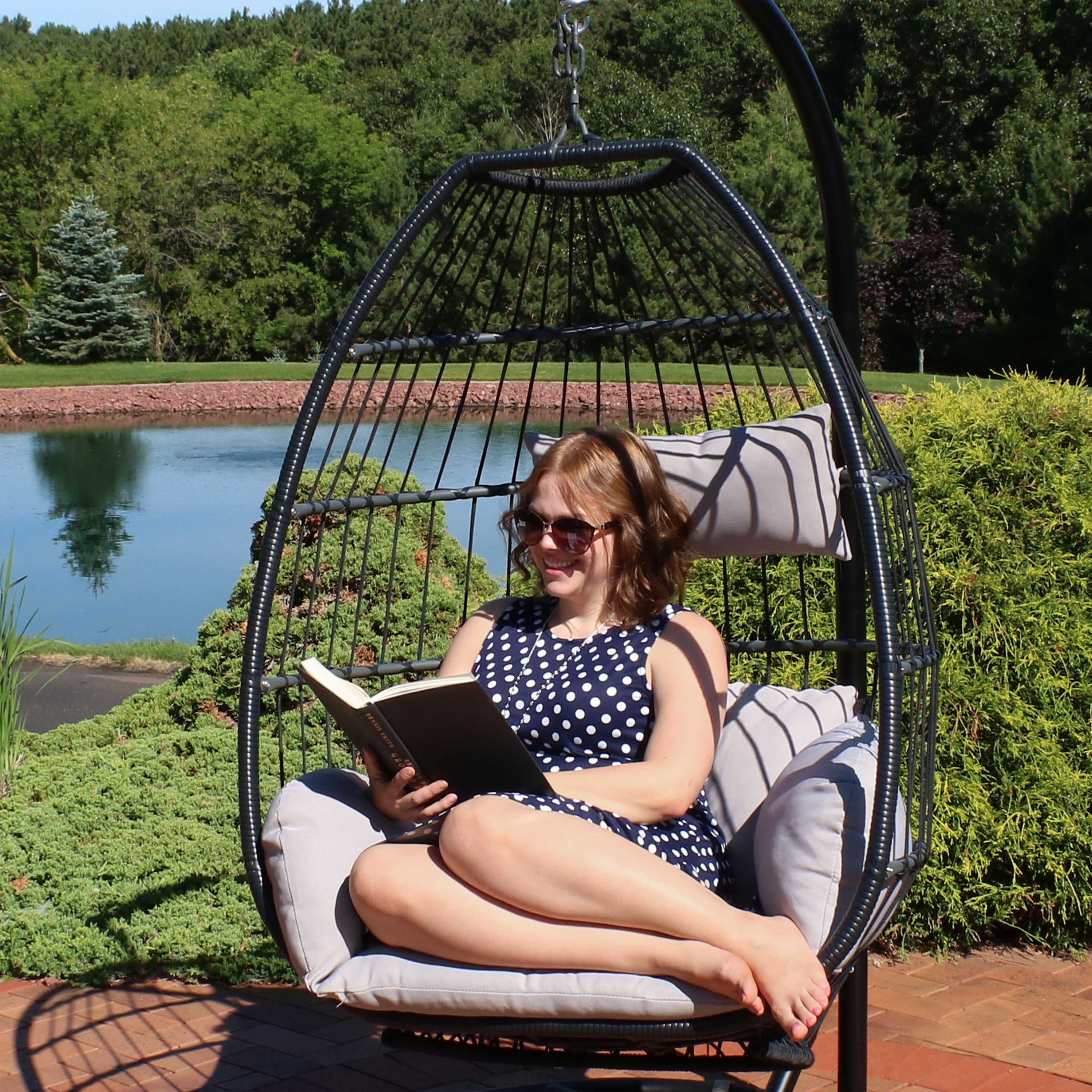 Alt View 5. Sunnydaze - Large Black Resin Wicker Hanging Egg Chair with Cushions - Grey.