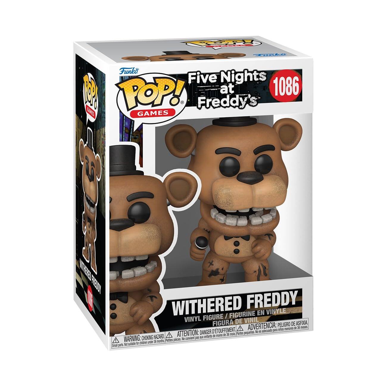 Sure, here is the corrected and grouped text from the image:

---

**Funko POP! GAMES**

**Five Nights at Freddy's**

**1086**

**WITHERED FREDDY**

**VINYL FIGURE / FIGURINE EN VINYLE / FIGURA DE VINIL**

**WARNING: CHOKING HAZARD - Small parts. Not for children under 3 years.**

**ADVERTENCIA: PELIGRO DE ASFIXIA - Piezas pequeñas. No es adecuado para menores de 3 años.**

**ATTENTION: DANGER D'ÉTOUFFEMENT - Petites pièces. Ne convient pas aux enfants de moins de 3 ans.**

**ADVERTENCIA: PELIGRO DE ASFIXIA - Piezas pequeñas. No es adecuado para menores de 3 años.**

---