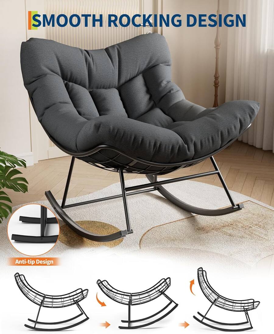 Acekool Outdoor Papasan Rocking Chair, Oversized Rattan Egg Rocker with ...
