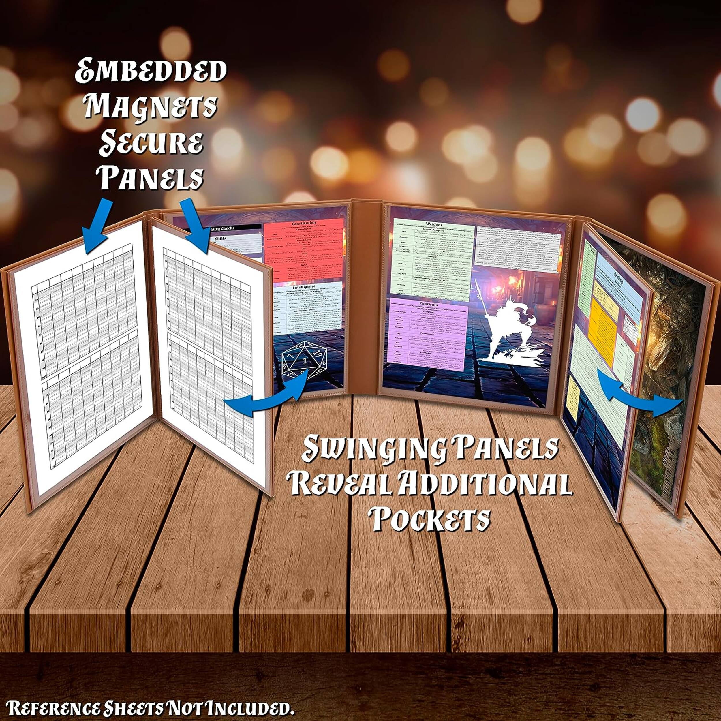 Embedded magnets secure panels. Swinging panels reveal additional pockets. Reference sheets not included.