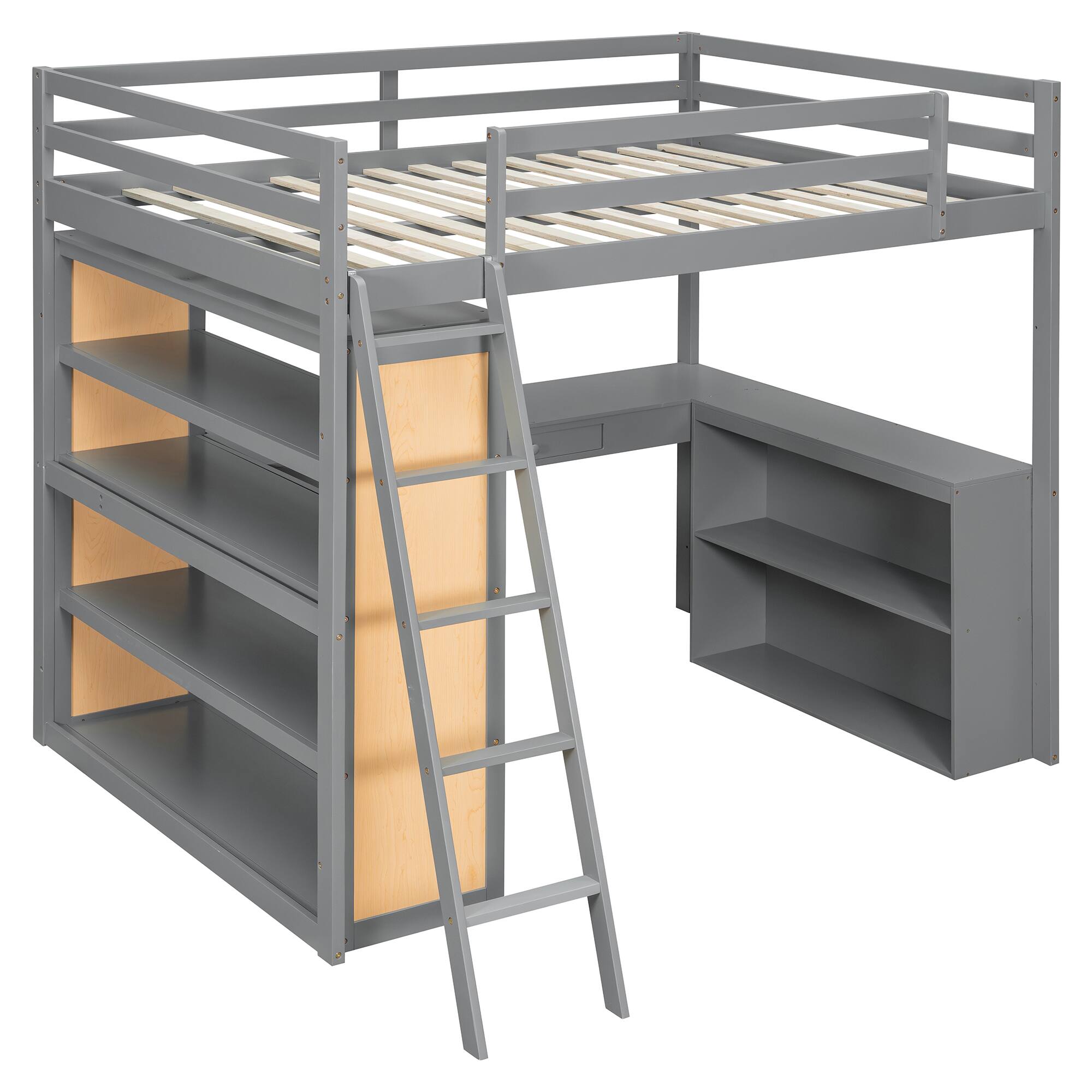 Back. Aukfa - Full Size Loft Bed with Ladder, Shelves, and Desk - Gray.