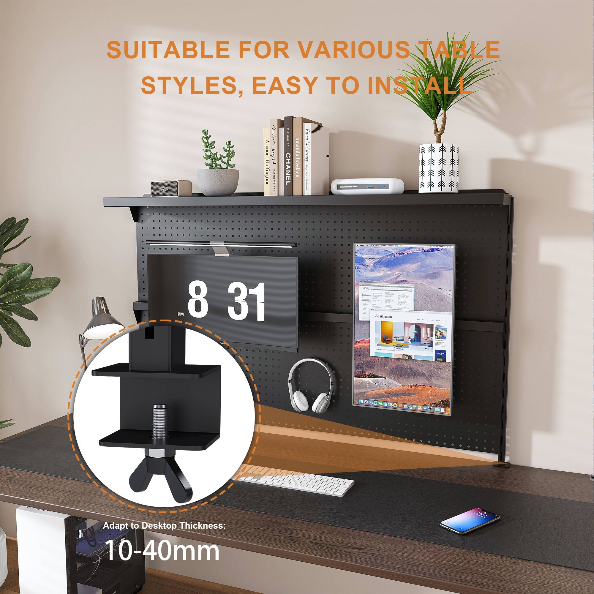 SUITABLE FOR VARIOUS TABLE STYLES, EASY TO INSTALL

Adapt to Desktop Thickness: 10-40mm