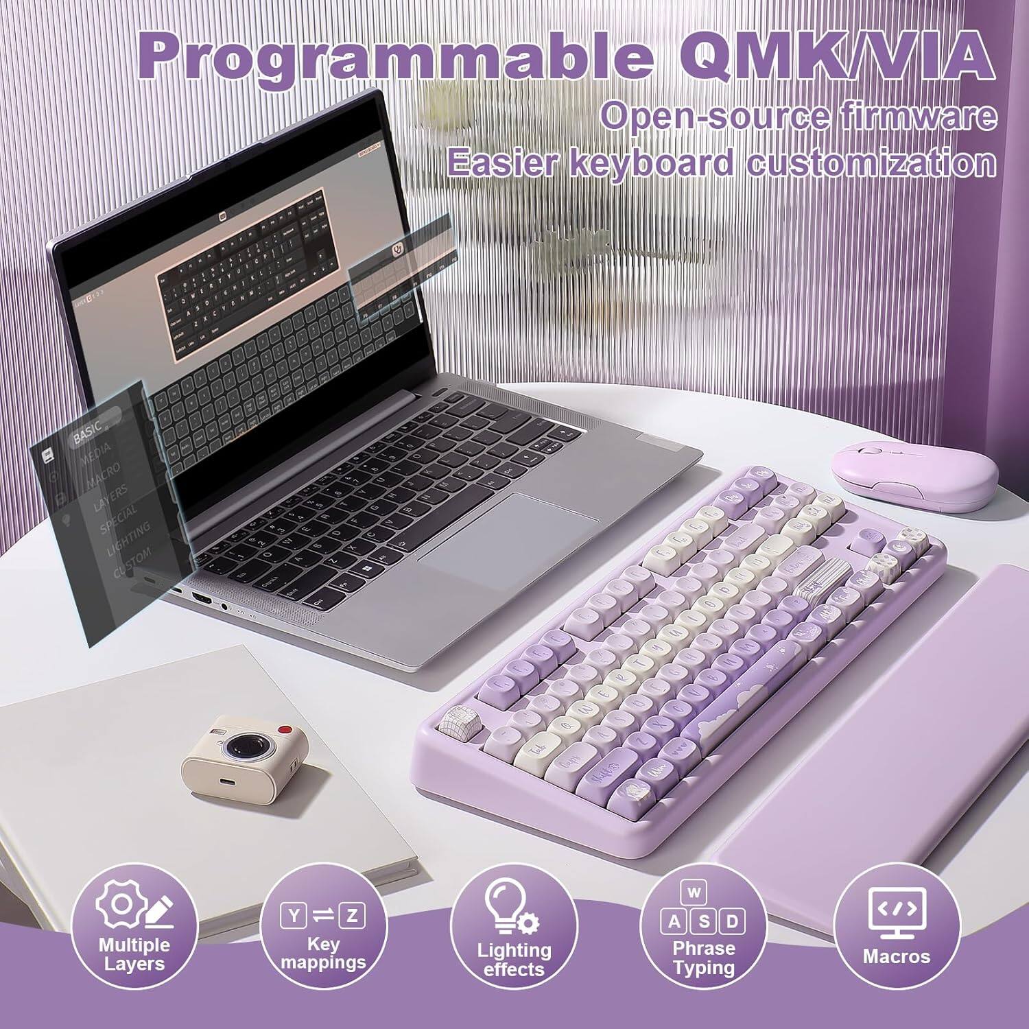 Programmable QMK/VIA Open-source firmware Easier keyboard customization. BASIC MEDIA MACRO LAYERS SPECIAL LIGHTING CUSTOM. Multiple Layers Y 1L Z Key mappings Lighting effects W A S D Phrase Typing Macros.