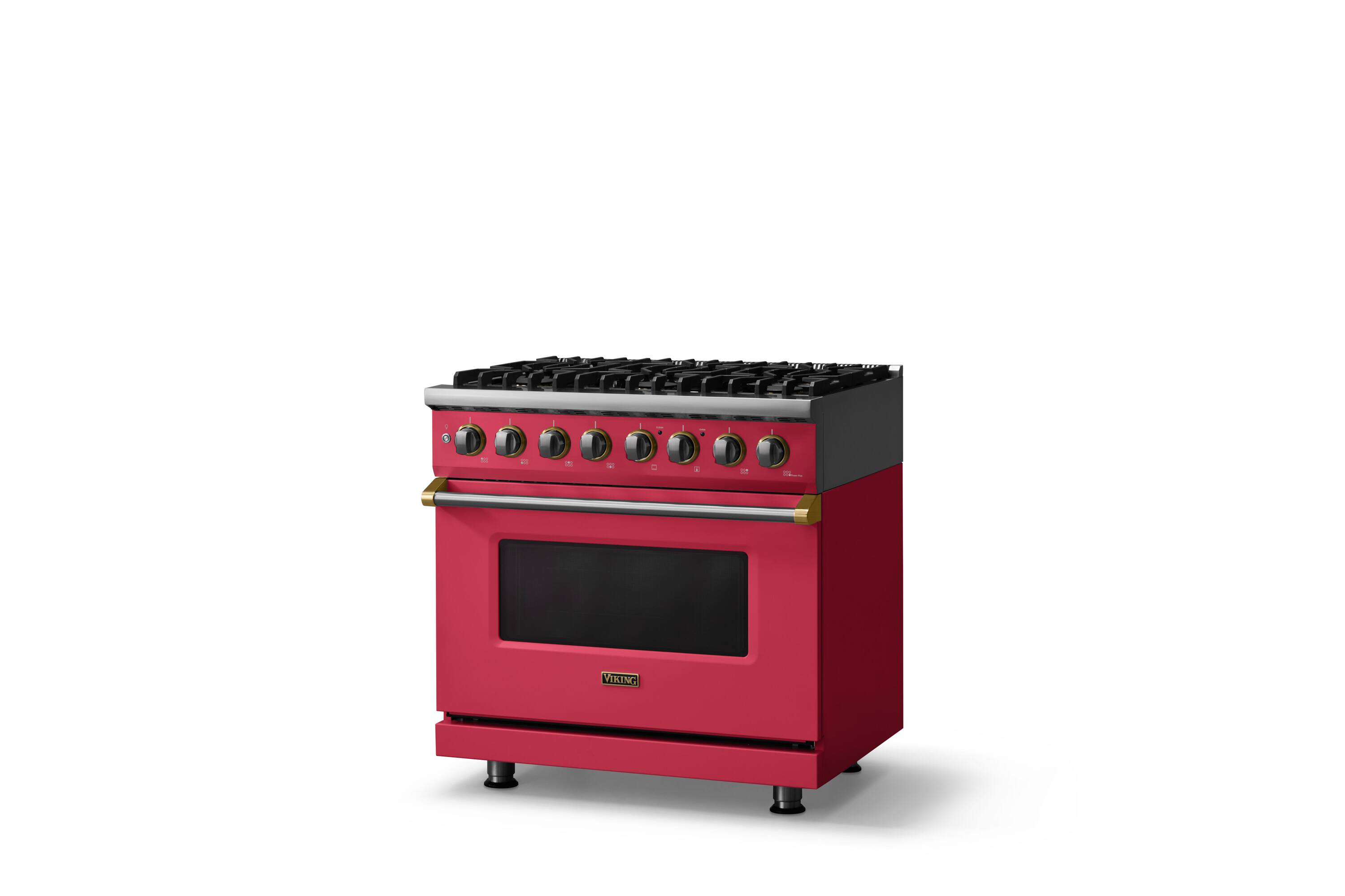 Angle. Viking - 36"W 5.6 Cu.Ft. Pro5S Freestanding Sealed 6 Burner Dual Fuel Convection LP Range - Valentine w. Brushed Brass Trim - Valentine.