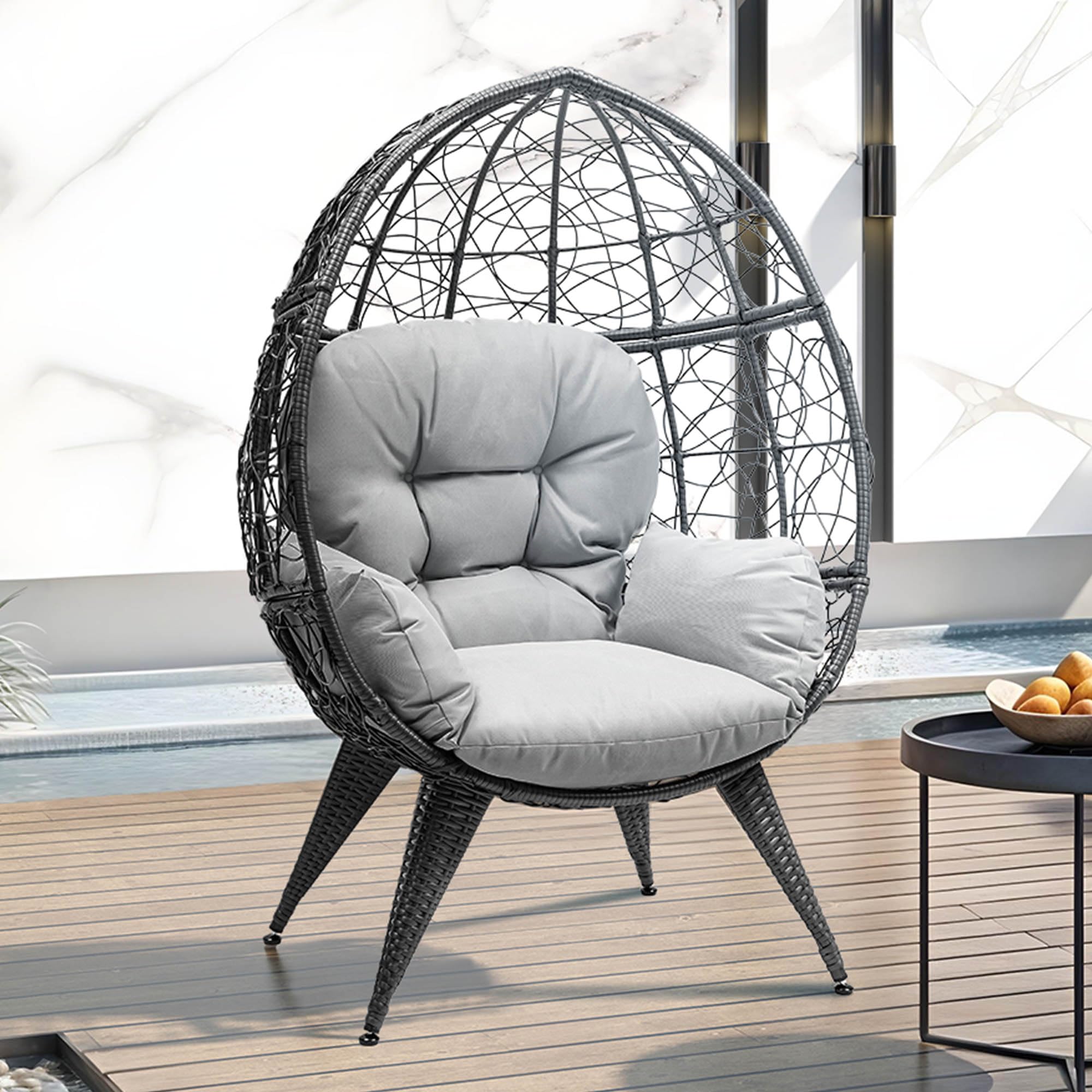 Alt View 3. Fabibe - Oversized Egg Chair with Stand Rattan Outdoor Chairs, Large Lounger Chair with Cushion, Adjustable Leveling Feet,... - Grey.