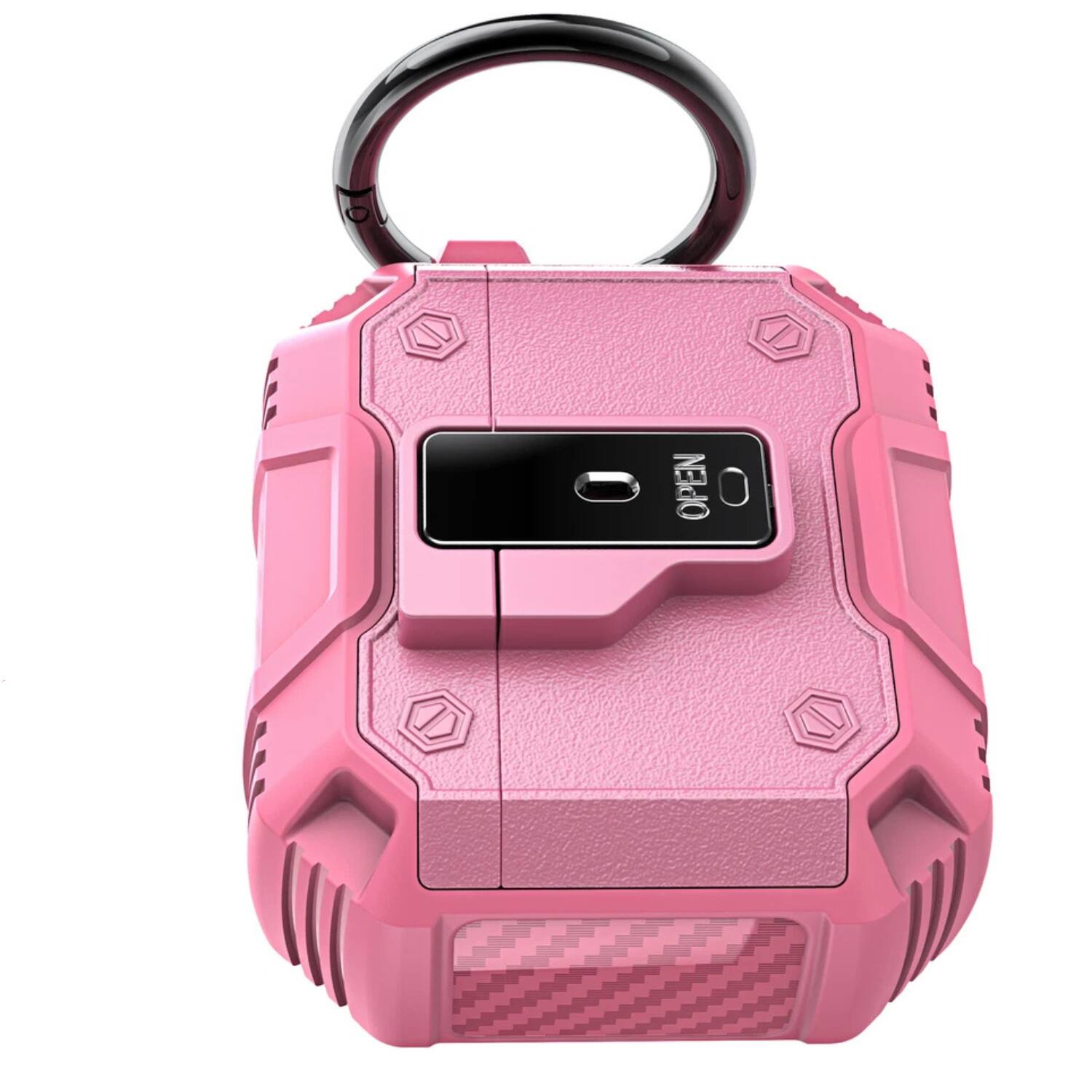 Angle. Stock Preferred - Rugged Shockproof Case for AirPods Pro with Keychain & Secure Lock Pink - Pink.