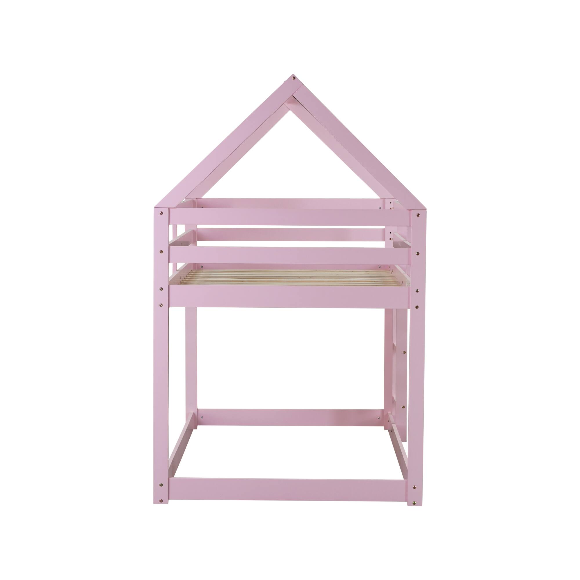 Alt View 4. GOODSILO - House-Shaped Twin Over Twin Rubber Wood Bunk Bed with Ladder and Guardrails for Kids - Pink.