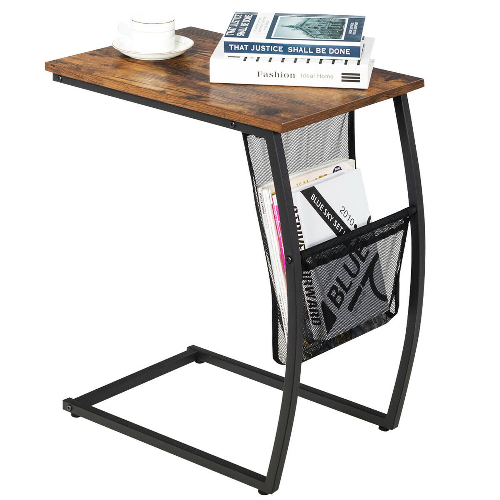 Gymax - C-shaped End Side Sofa Table Vintage Accent Snack Laptop Tablet w/ Side Pocket - Rustic Brown