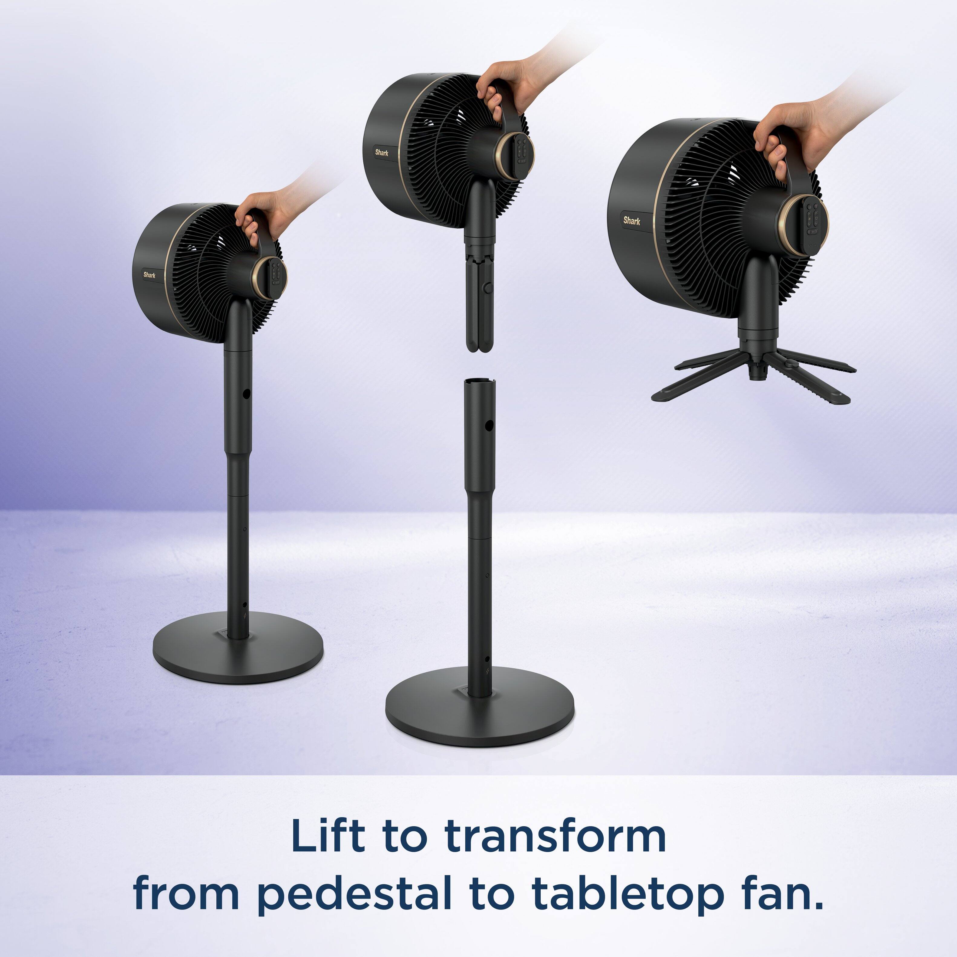 Lift to transform from pedestal to tabletop fan.