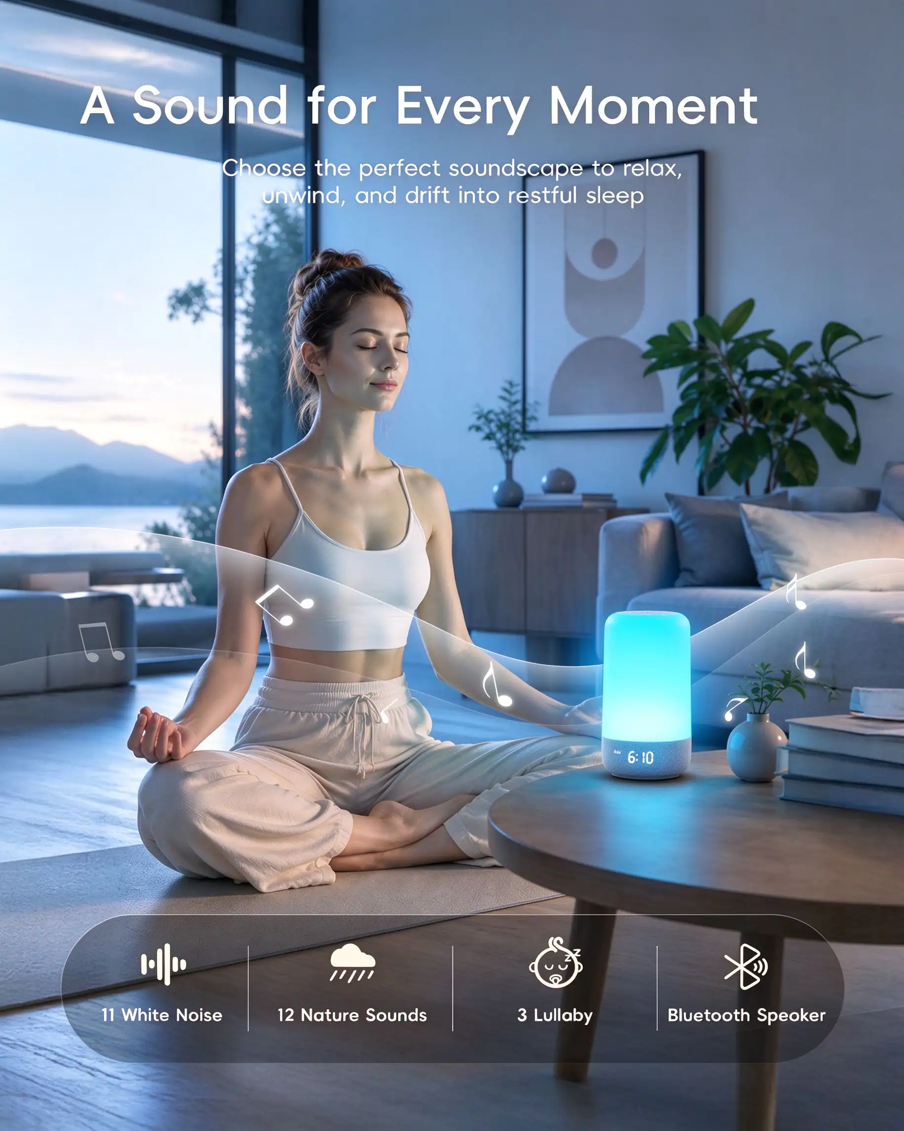A Sound for Every Moment  
Choose the perfect soundscape to relax, unwind, and drift into restful sleep

6:10

11 White Noise  
12 Nature Sounds  
3 Lullaby  
Bluetooth Speaker