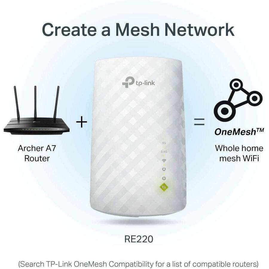 Create a Mesh Network

Archer A7 Router + RE220 = OneMesh™ Whole home mesh WiFi

(Search TP-Link OneMesh Compatibility for a list of compatible routers)