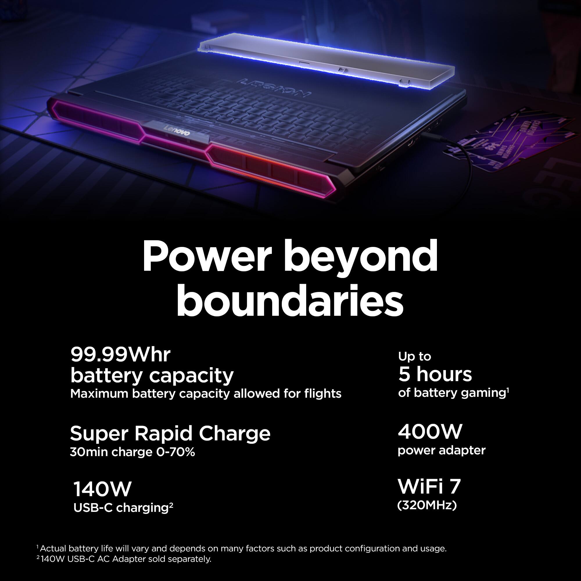 Power beyond boundaries

99.99Whr battery capacity  
Maximum battery capacity allowed for flights

Super Rapid Charge  
30min charge 0-70%

140W USB-C charging^2

Up to 5 hours of battery gaming^1

400W power adapter

WiFi 7 (320MHz)

*Actual battery life will vary and depends on many factors such as product configuration and usage.
^2 140W USB-C AC Adapter sold separately.