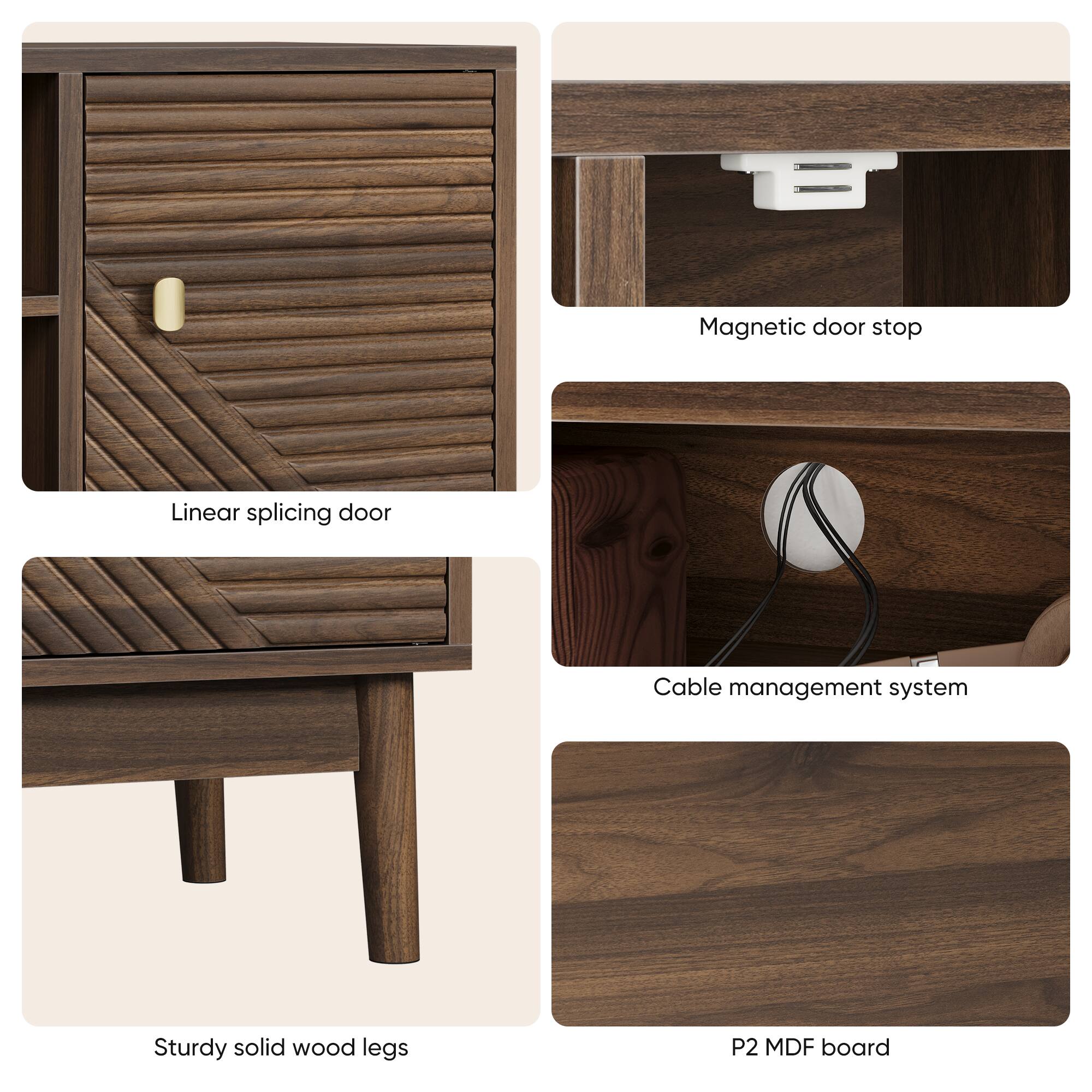 - Linear splicing door
- Magnetic door stop
- Sturdy solid wood legs
- Cable management system
- P2 MDF board
