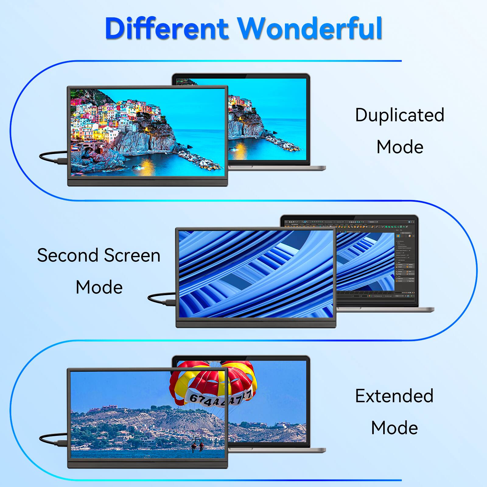 Different Wonderful  
Duplicated Mode  
Second Screen Mode  
Extended Mode