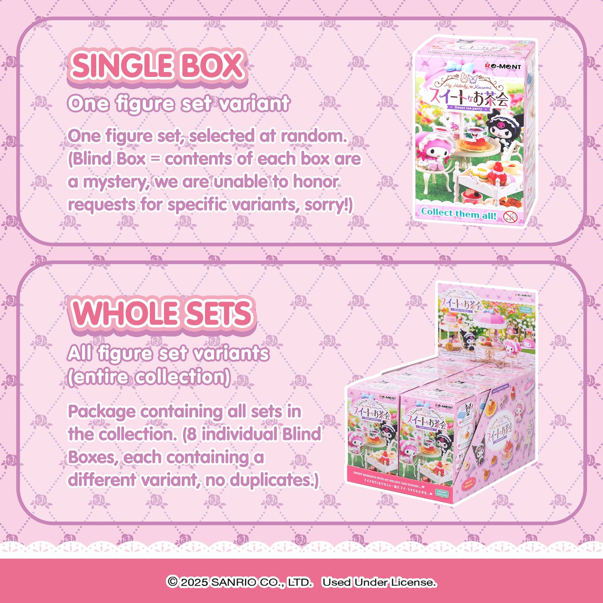 **SINGLE BOX**  
One figure set variant  
One figure set, selected at random.  
(Blind Box = contents of each box are a mystery; we are unable to honor requests for specific variants, sorry!)  
Collect them all!

**WHOLE SETS**  
All figure set variants (entire collection)  
Package containing all sets in the collection. (8 individual Blind Boxes, each containing a different variant, no duplicates.)

© 2025 SANRIO CO., LTD. Used Under License.