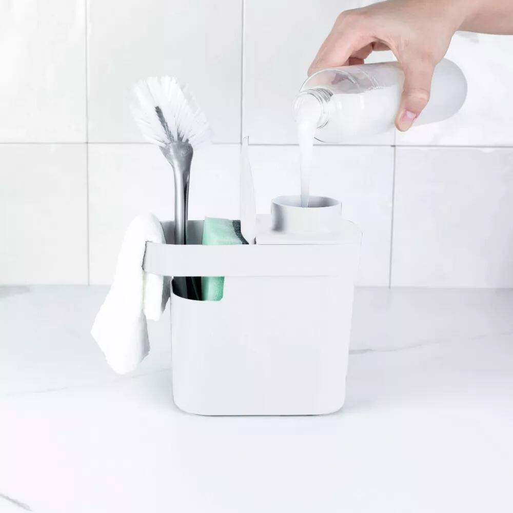 Left. OU - OU 22oz Soap Dispenser, Kitchen Soap Pump, Sponge & Dish Brush Holder, Gel & Dish Soaps Compatible - White - White.