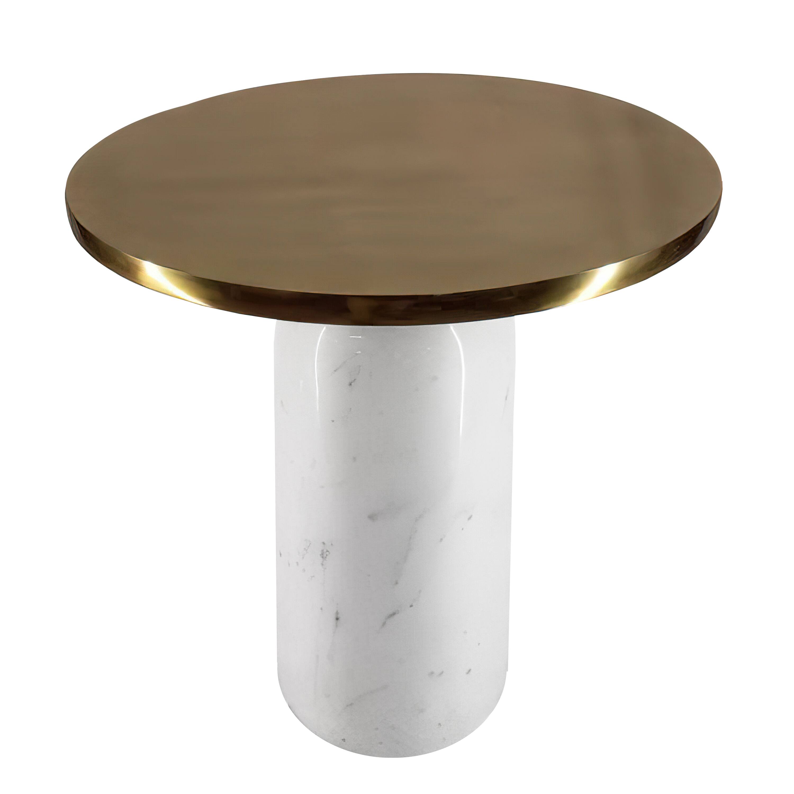 Alt View 2. Manhattan Lane - 17 Inch Round Brass Modern Accent End Table with Cylindrical Marble Base - Brass, White.