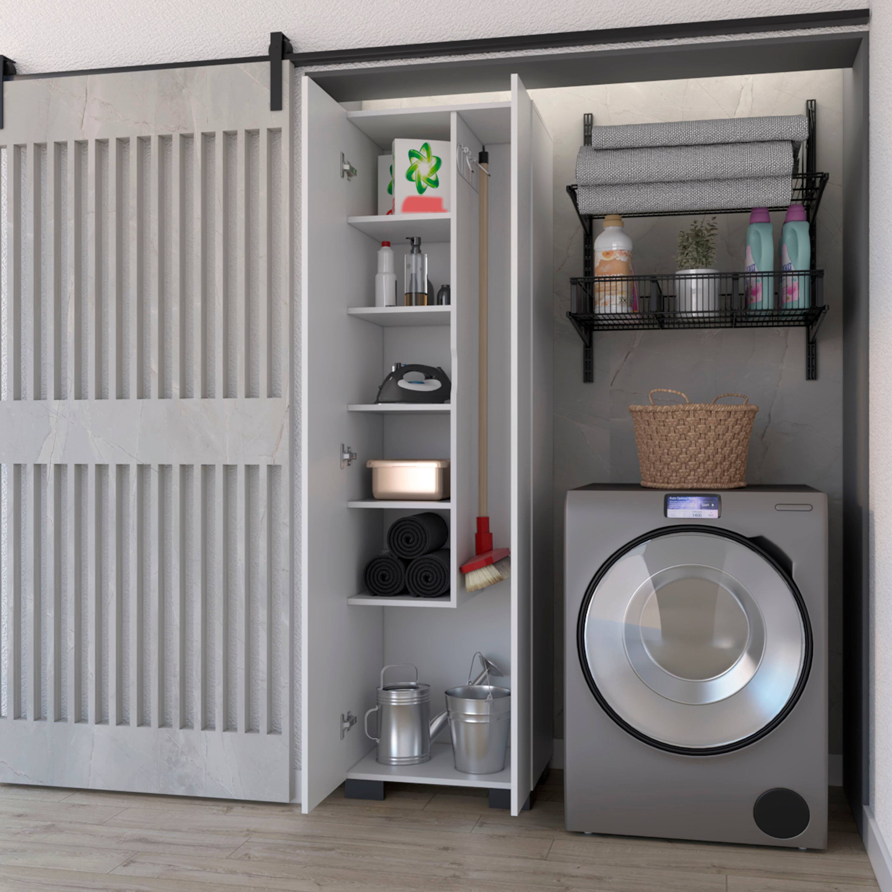 Back. TinyHomie - Aiken Broom Cabinet with Storage Shelves and Broom Hangers White - White.