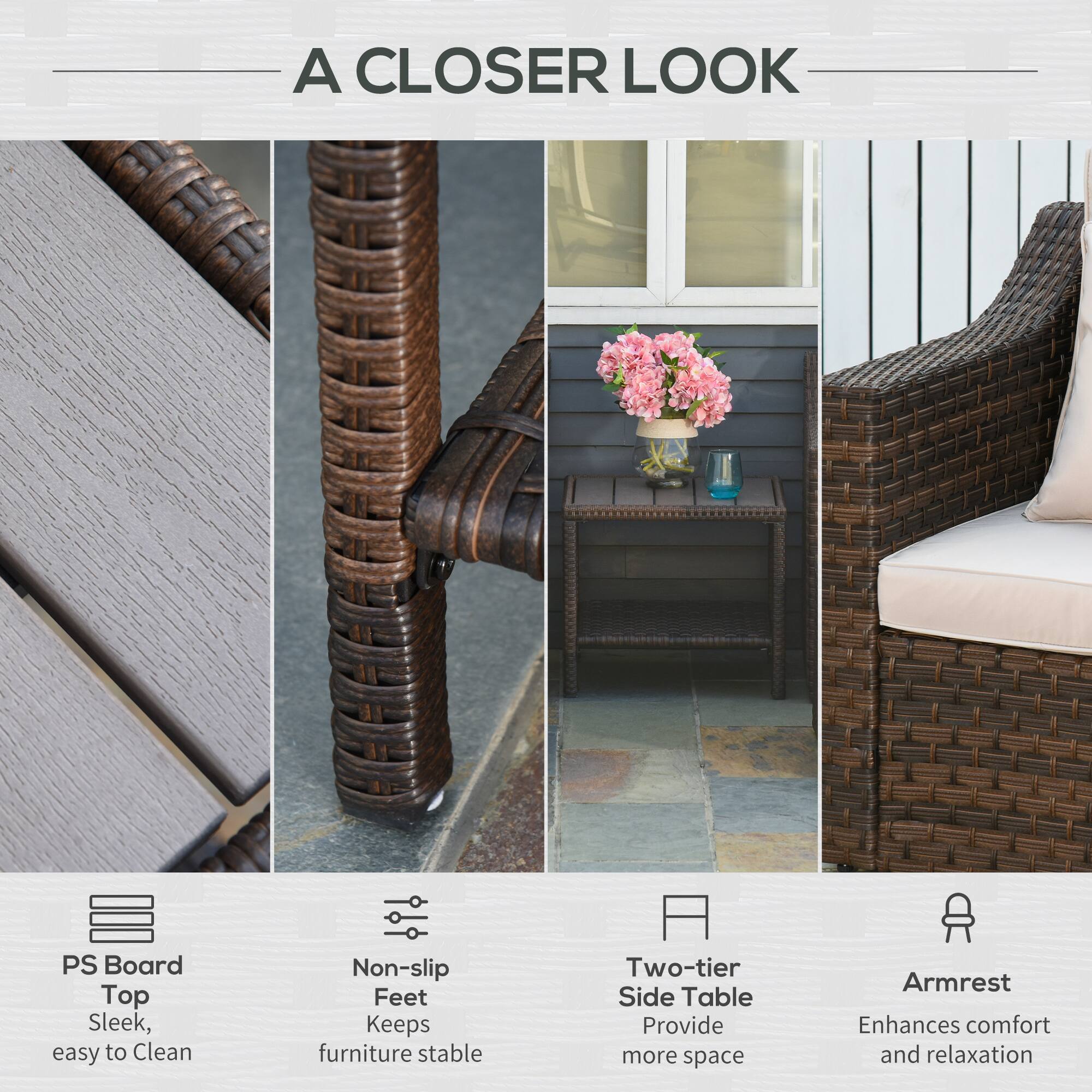 A CLOSER LOOK

PS Board Top Sleek, easy to Clean
Non-slip Feet Keeps furniture stable
Two-tier Side Table Provide more space
Armrest Enhances comfort and relaxation